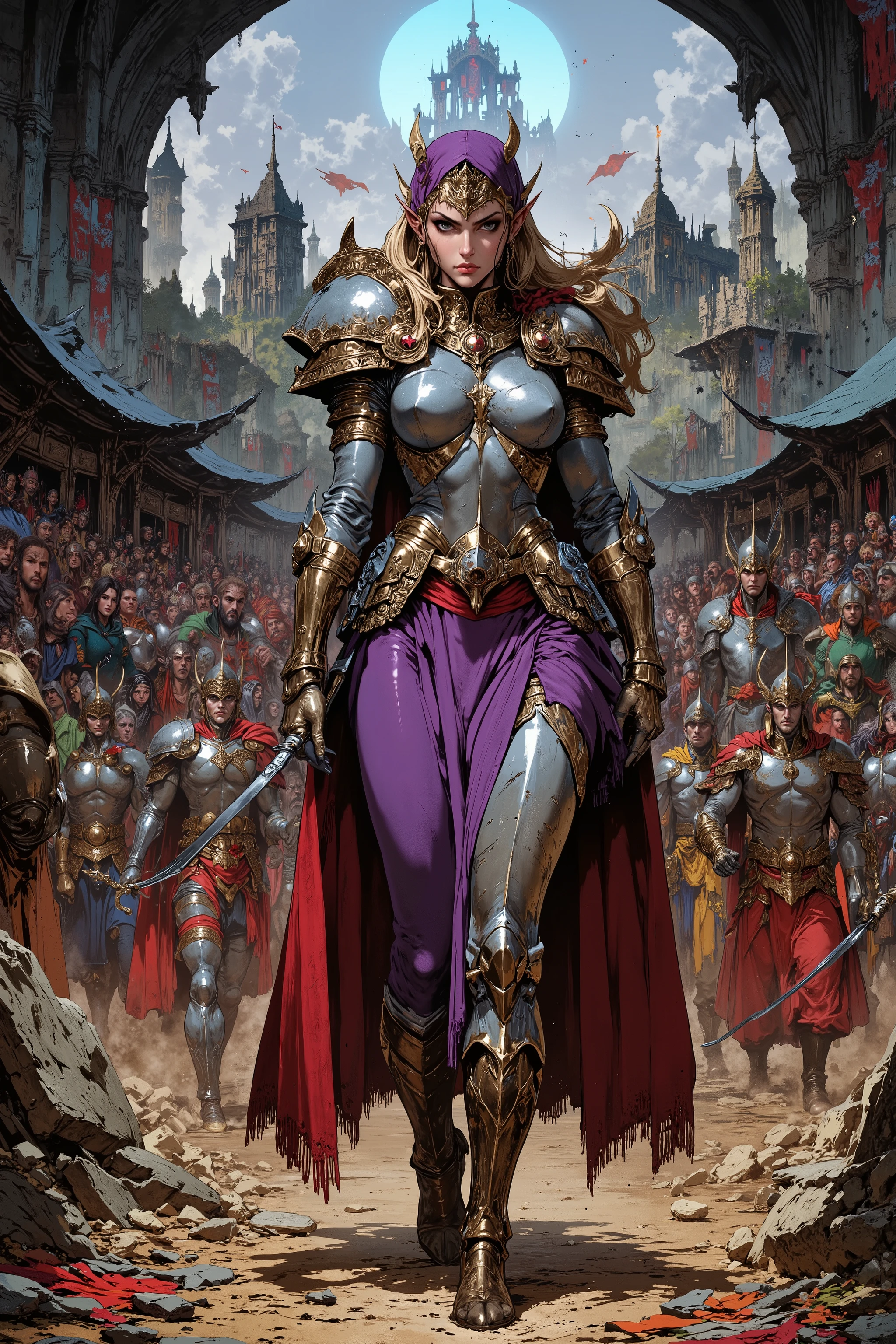 art by Mike Deodato Jr, a painting of an Elf queen in armor walking with a group of men, arte de fantasia de adrian smith, barbarian warrior woman, high fantasy. Royo, epic fantasy character art , por Ryan Barger, Very pretty Barbara woman , by Aleksander Gine , Wojtek Fus, beautiful female warrior, karol bak uhd, por Craig Mullins, a beautiful warrior woman
