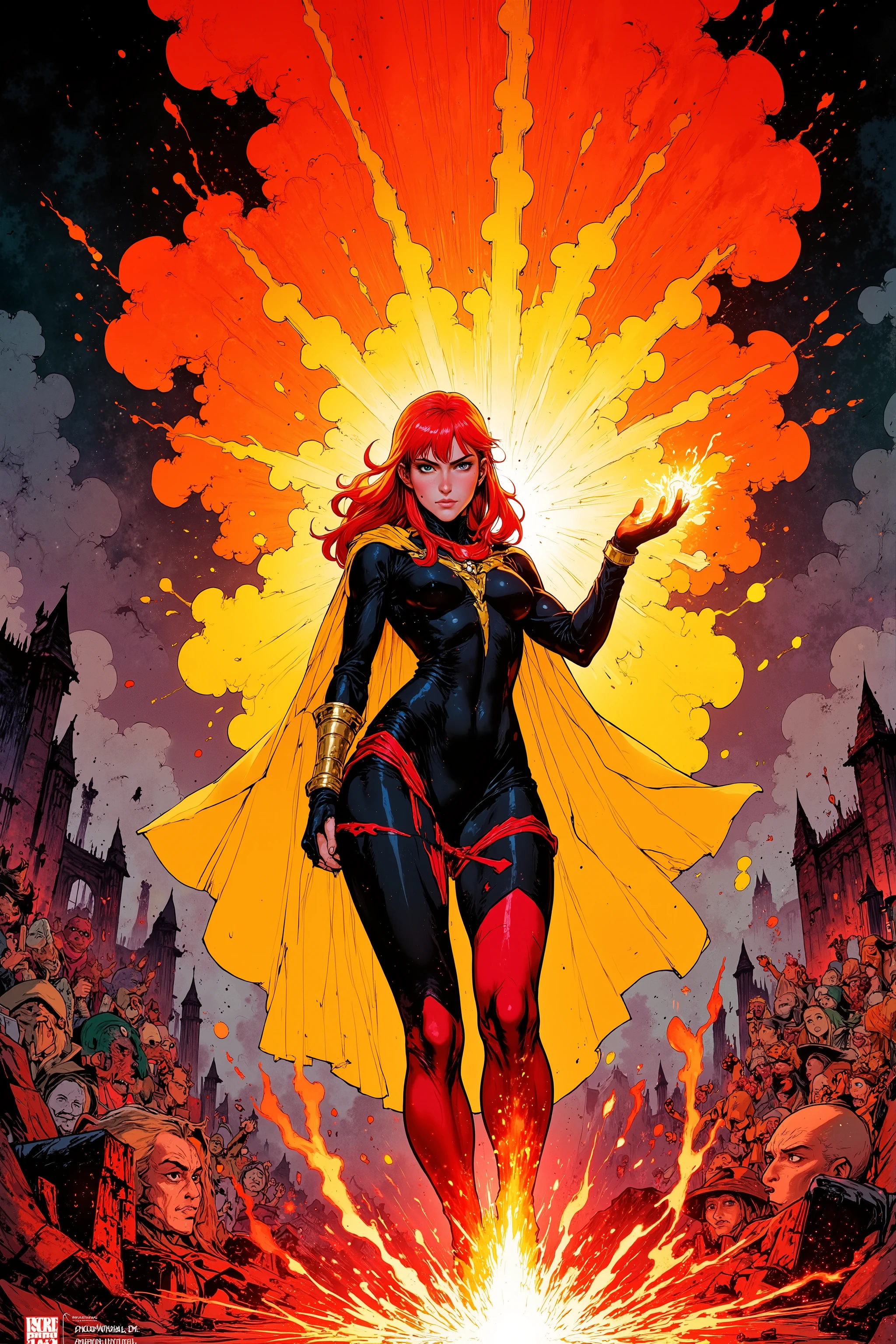 art by Mike Deodato Jr,a woman with red hair and a yellow cape holding a fire, the witch casting a fireball, Dungeons and Dragons character, mage casting a spell, Peter Mohrbacher style, witch woman, witch, magic the gathering witch, She has fire powers, casting fire magic , Moebius and Mohrbacher