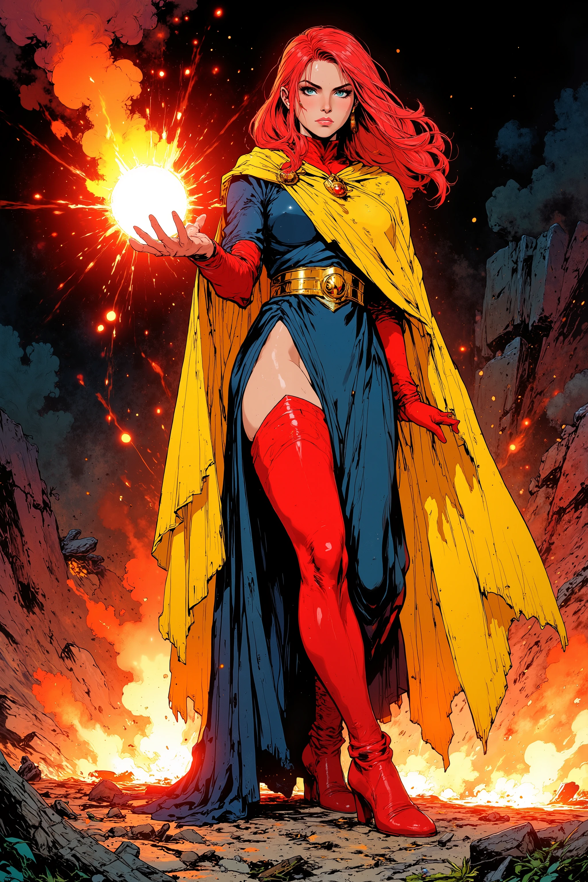 art by Mike Deodato Jr,a woman with red hair and a yellow cape holding a fire, the witch casting a fireball, Dungeons and Dragons character, mage casting a spell, Peter Mohrbacher style, witch woman, witch, magic the gathering witch, She has fire powers, casting fire magic , Moebius and Mohrbacher