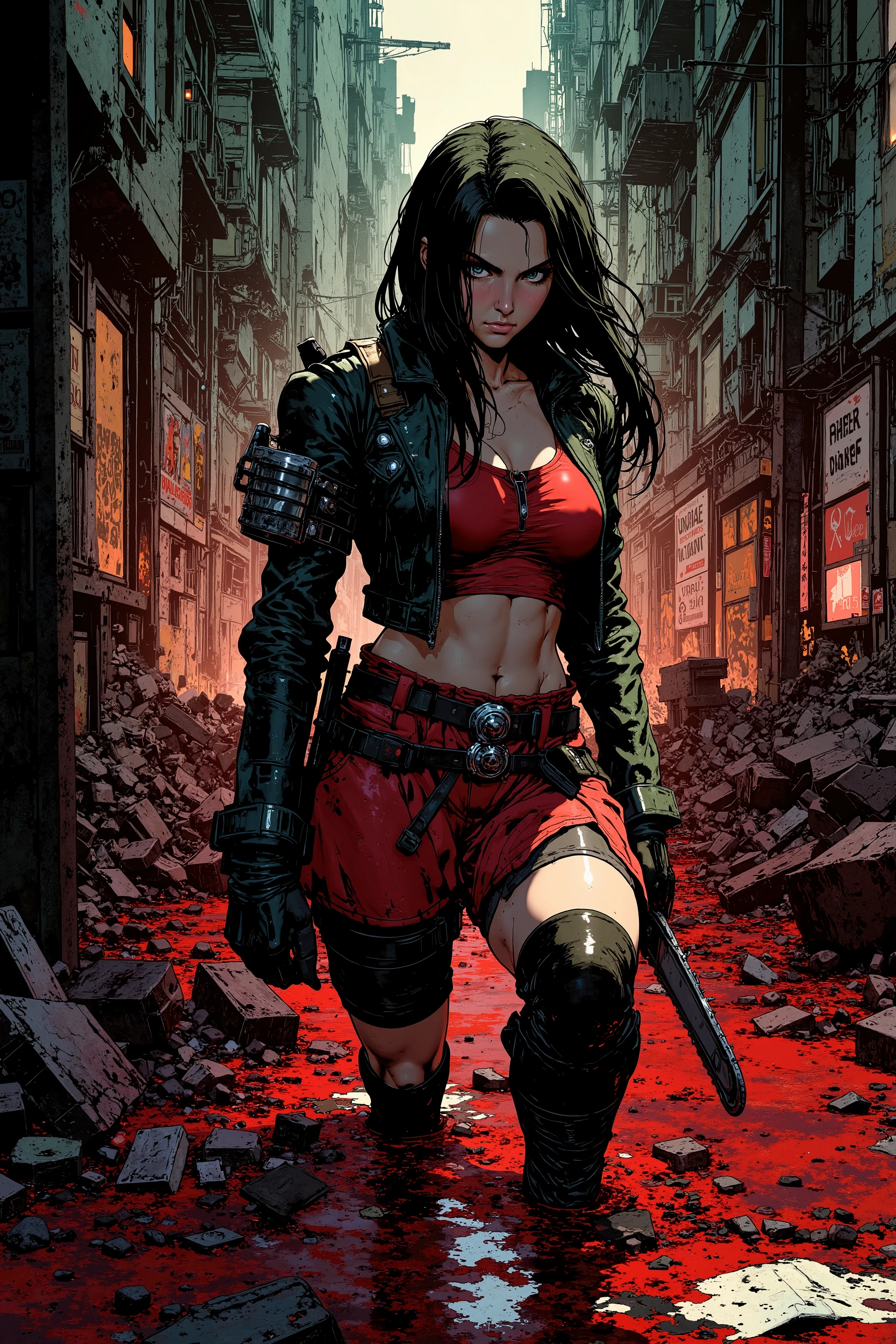 art by Mike Deodato Jr, a close up of a woman with a chainsaw in a dirty area, bloody + conceptual art, Wojtek Fus, post-apocalyptic vibes , post-apocalyptic style , a very beautiful Berserker woman , post-apocalyptic scavenger, cyberpunk horror style, Female Warrior, Female Character , craig mullins style, postapocalyptic grunge, Post-Apocalyptic Style, 🌺 CGSociety