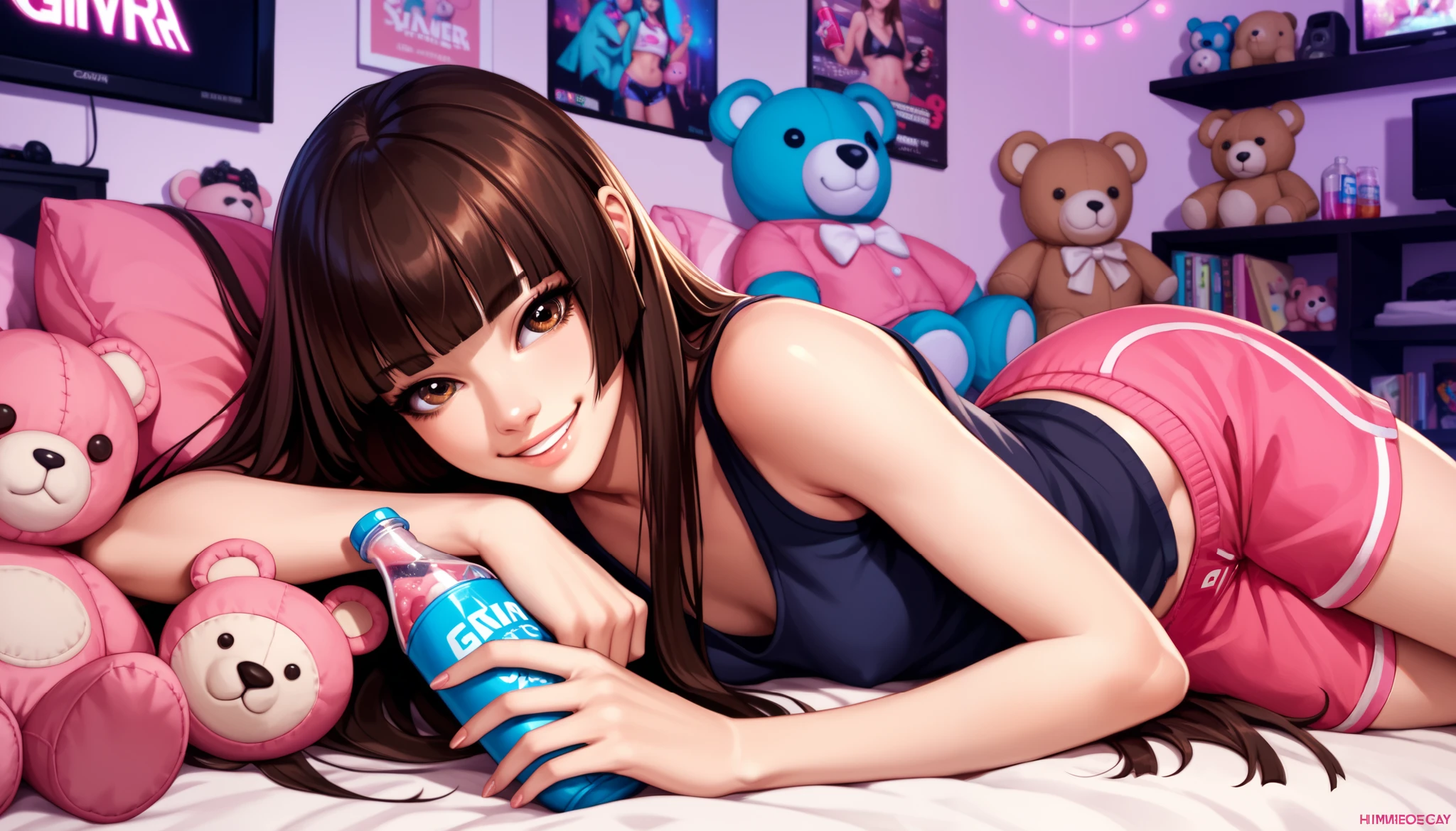 score_9, score_8_up, score_7_up, source_anime, 1girl, solo, smile, lying, brown hair, long hair, hime cut, hmcut, brown eyes, stuffed animals, bedroom, holding a bottle, gamer, small breasts, snacks, cute, vibrant colors