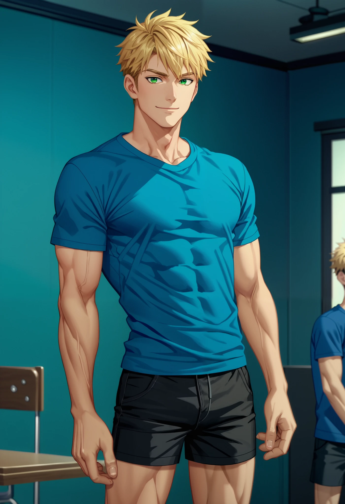 (Masterpiece), (Best Quality), ((Highly Detailed)), Link from botw, male, boy, medium hair, blonde hair, blue eyes, blue earrings, full body, horny, big bulge in the crotch, upper body free , stiff cock, nsfw, in the locker room, 4k, 8k, anime style