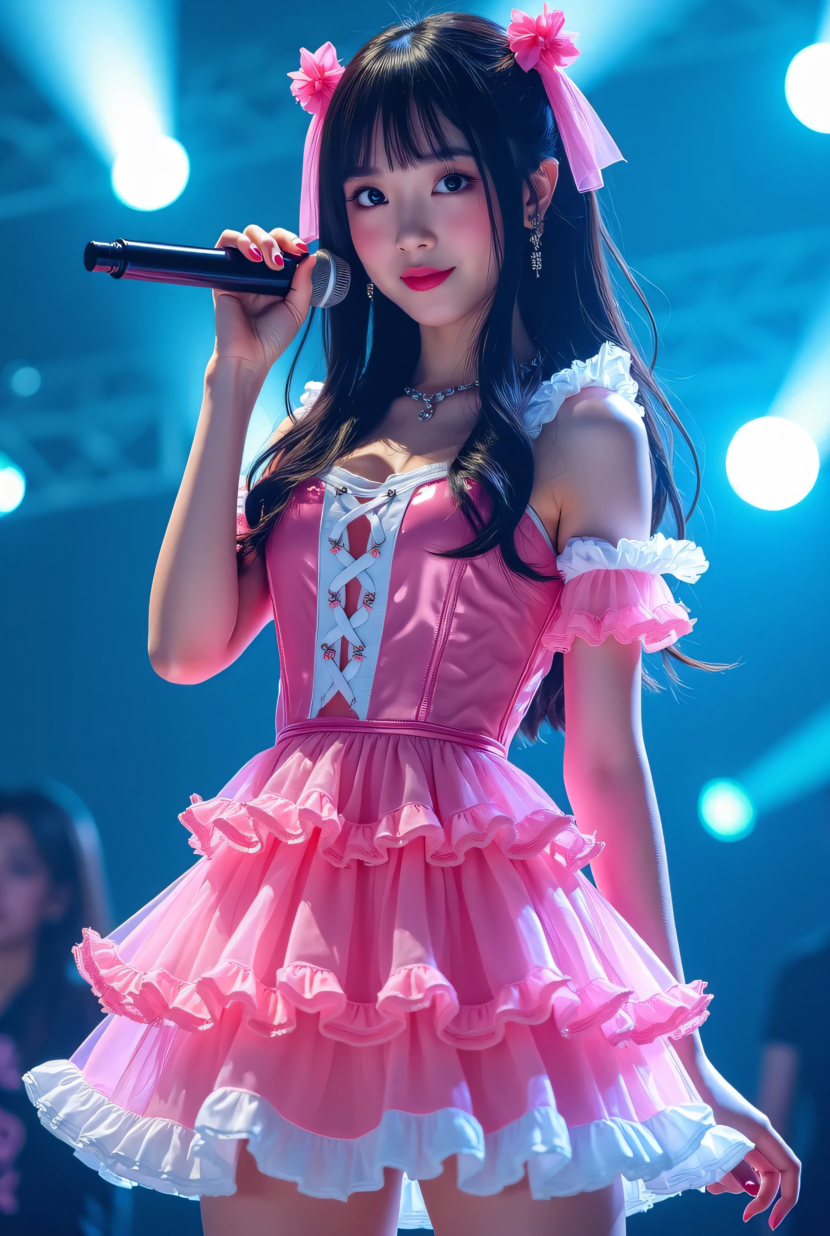 Create a highly detailed, realistic image of a young woman with long, dark hair styled with two small pink bows on either side. She is wearing a vibrant and transparent shinning glossy pink short dress that has a layered, frilly design with white ruffled edges on the sleeves and neckline. The dress has intricate lace-up details on the front, with white ribbons crisscrossing over the bodice. A large, white bow is tied around her waist, and the skirt is layered with multiple ruffles, alternating between white and pink frills. The upper part of the dress has a mix of white and blue accents, especially around the shoulders, giving it a lively, idol-like appearance. The girl’s expression is cheerful and playful, with a radiant smile, captured both in performance and posing with a slightly pensive look. Ensure that her outfit appears shiny and glossy, reflecting stage lights, and incorporate a vivid, performance-like atmosphere in the background. Some Lights shooting around, she hold microphone, head thighs portrait,