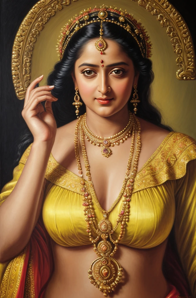 Beautiful Indian Woman, wearing saree, sari Beauty, gorgeous, Apsara, Maharani, royal queen woman, nymph from Hindu Mythology, Urvashi, matchless beauty, Highly detailed, Oil Painting by Peter Paul Rubens inspired by Raja Ravi Varma, Matchless beauty, captivating, gorgeous, heavenly beauty, celestial beauty, by Peter Paul Rubens, 13, realistic, hyper realistic, micro details, incredible artwork, insane details, ultra High resolution, 8k, 32k, acrylic on canvas, intricate, flawless, detailed, detailed face, detailed eyes, masterpiece, by Peter Paul Rubens, by Caravaggio, by William Adolphe bouguereau, perfect face, perfect body, beautiful art, realism, baroque, renaissance Art, highly textured, beautiful and detailed eyes, uhd, best quality,
