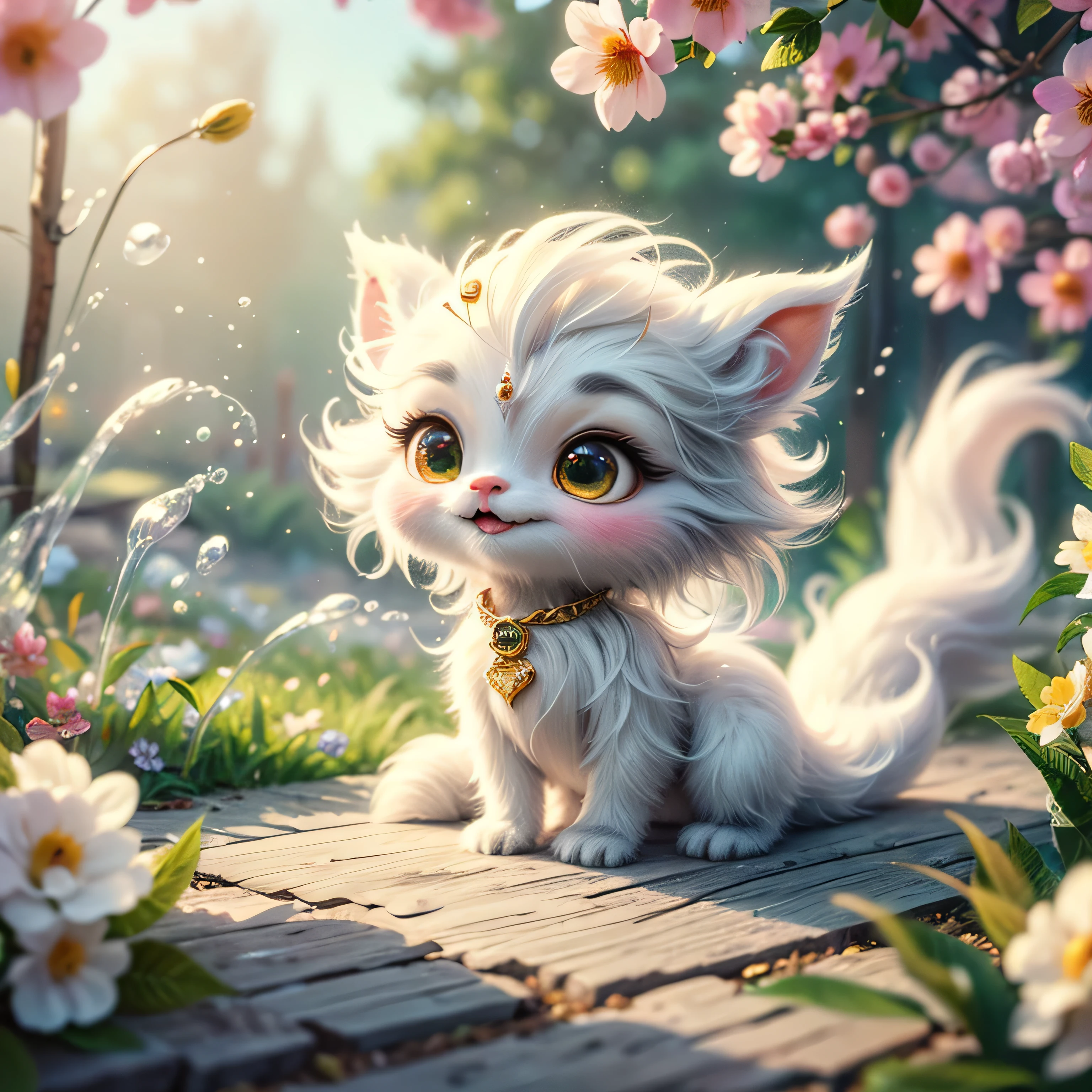 whimsical airbrush and oil painting, best angle of a Very cute mythical graceful transparent anthropomorphic furry creature holds jasmine flower, thin arms, fragile thread legs, jasmine flower spirit, Mystical garden where white jasmine grows in a professional photograph by Awwchang :: Luis Royo :: WLOP :: Artgerm Lau :: Anne Stokes :: natural deep colors