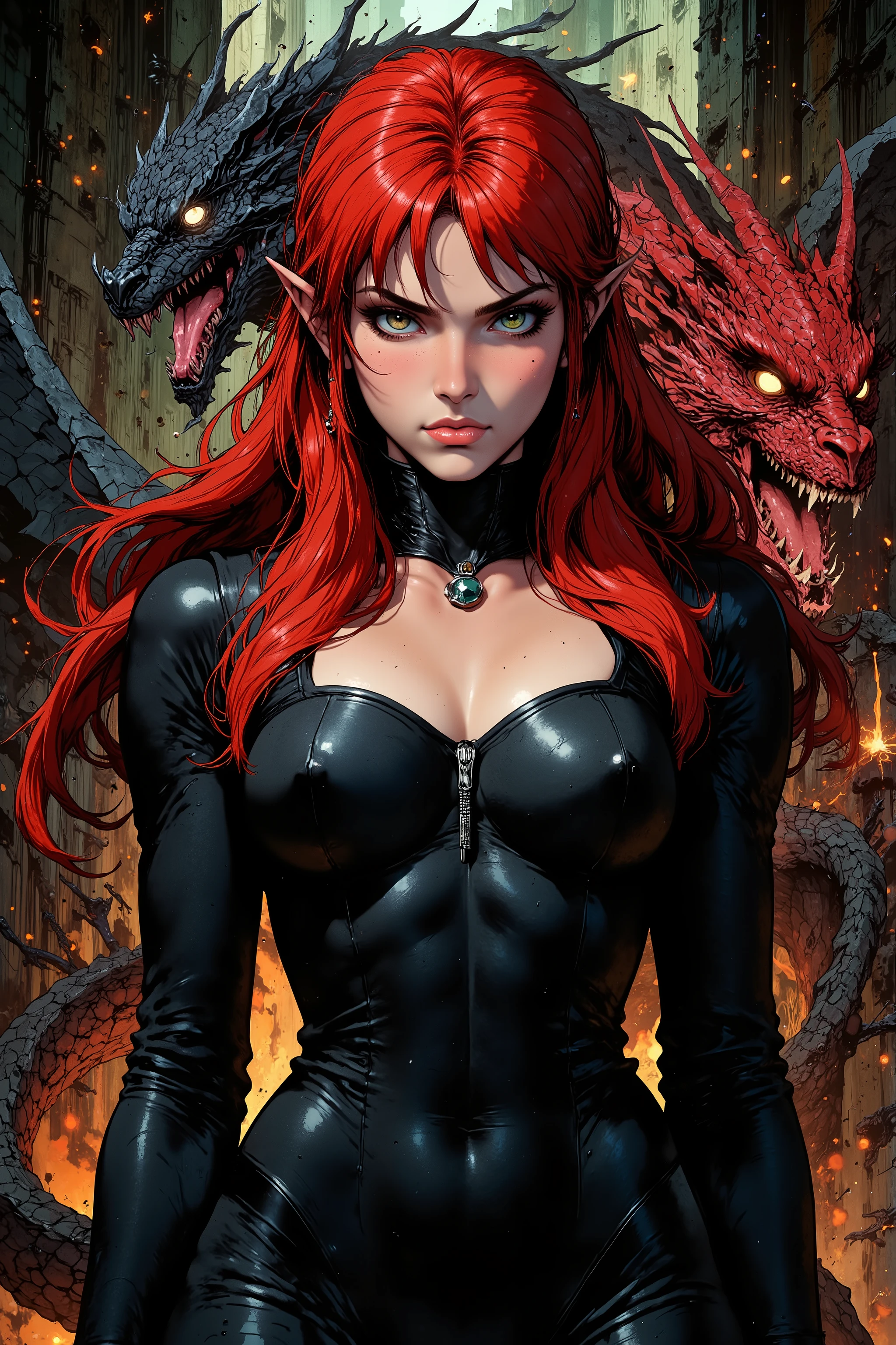 art by Mike Deodato Jr, a painting of a queen Elf a woman in black leather with a dragon's head and red hair, the dragon girl portrait, dragon girl , dragon scales in hair, with magical creatures , Black fantasy mixed with realism, dragon in the background, In Anne Stokes style, draconic features soft and delicate, queen of dragons, human-dragon fusion , beautiful fantasy art portrait , hyperrealistic fantastic art , DRAGON QUEEN