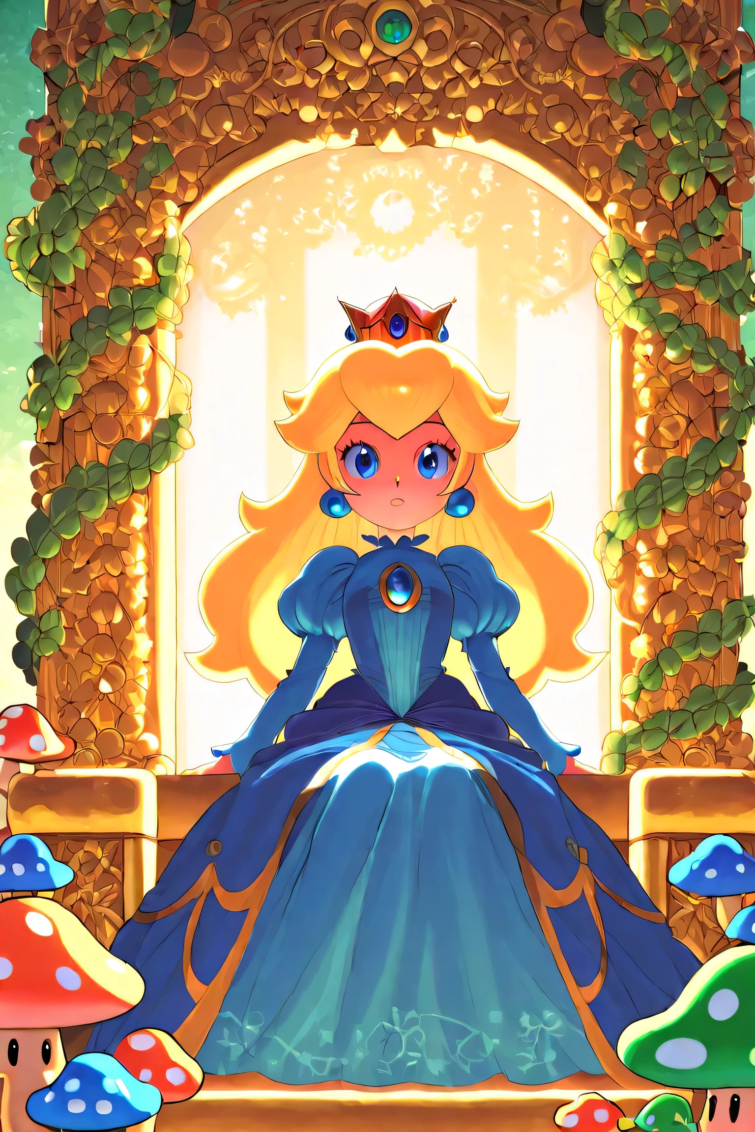 I need a blonde female character, wearing a blue dress, with features from the Super Mario World universe, sitting on a throne. Need cartoon anime art.