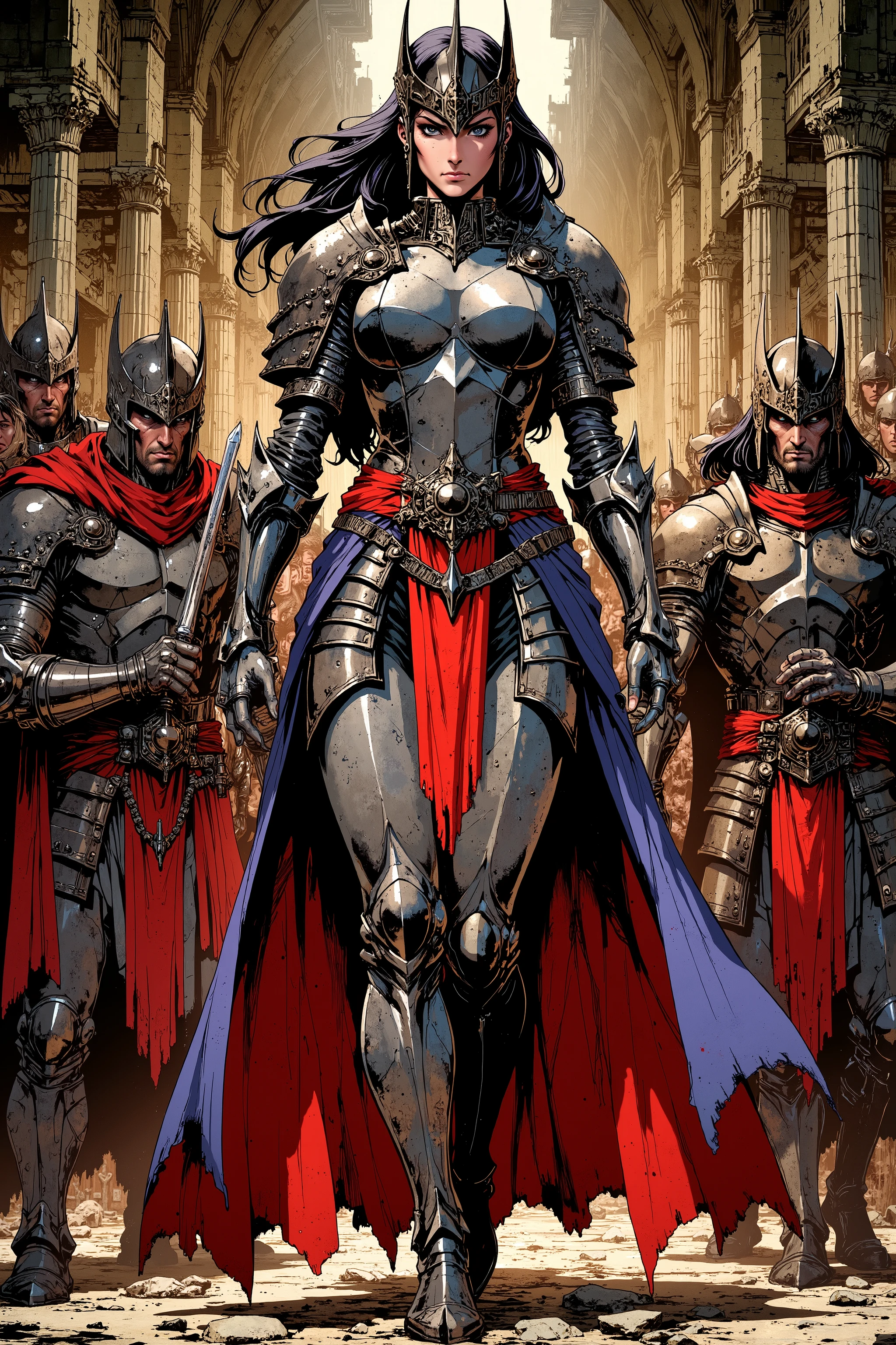 art by Mike Deodato Jr, a painting of a woman in armor walking with a group of men, arte de fantasia de adrian smith, barbarian warrior woman, high fantasy. Royo, epic fantasy character art , por Ryan Barger, Very pretty Barbara woman , by Aleksander Gine , Wojtek Fus, beautiful female warrior, karol bak uhd, por Craig Mullins, a beautiful warrior woman