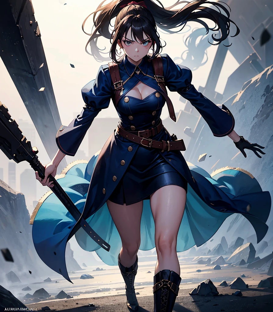 High Quality, Masterpiece, 1girl, MONSTER kicking, DESERT SAND STORM, standing on one leg, red eyes, hat, skirt, side slit, thigh highs