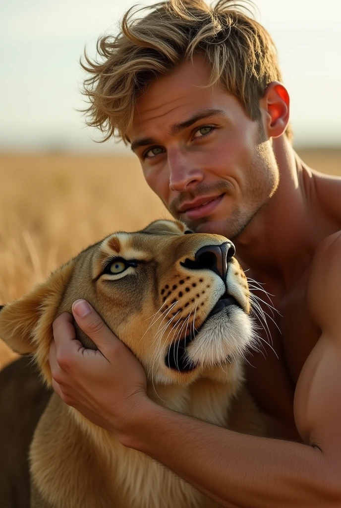 A young man hugging a fearsome lion who is his friend, The hyperrealistic image reflects the harmony of nature, clear image in bright light, 8k, UHD