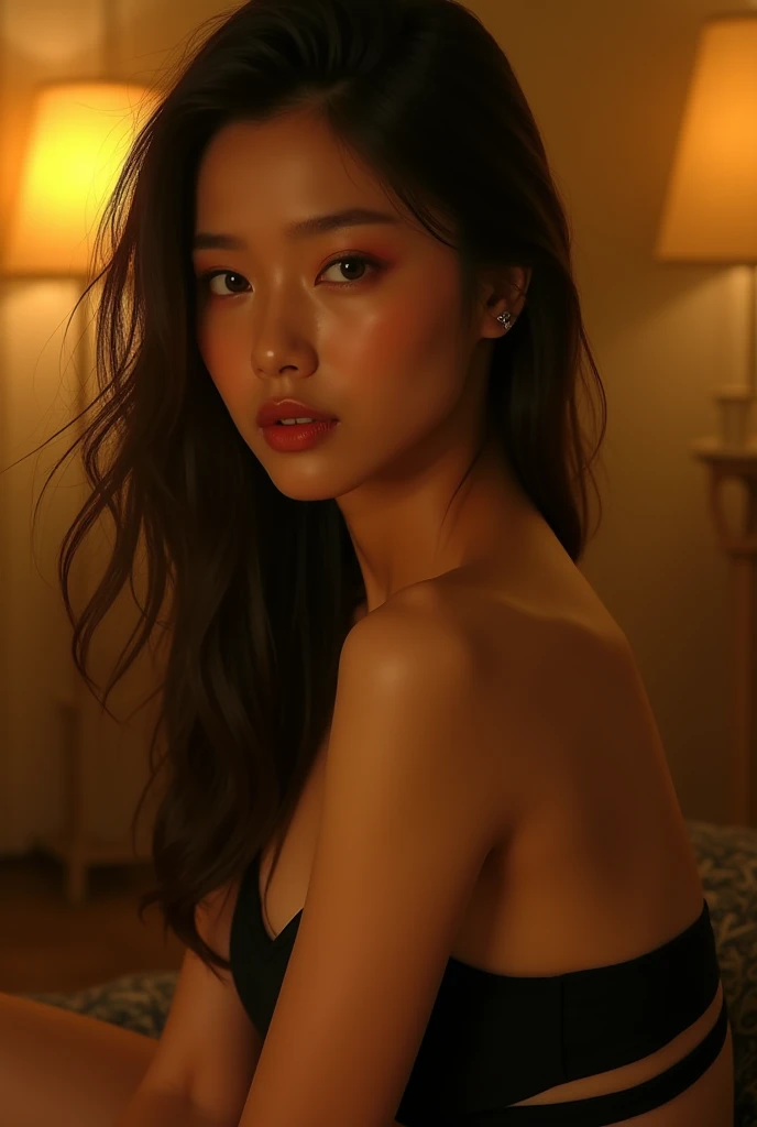 real photograph, (masterpiece), (highest quality), (Super detailed), (messy hair), (shape), (one japanese girl), (glitter frill bikini), big breasts:1.4, Taken from a lower angle, Are standing, Fashion Model, (gold glitter background), fine and beautiful eyes, young face, pretty faced, natural make up, smile a little, floating, (high color saturation),  focus on face, girly hair, floating Hairs, (shining), best writing, 