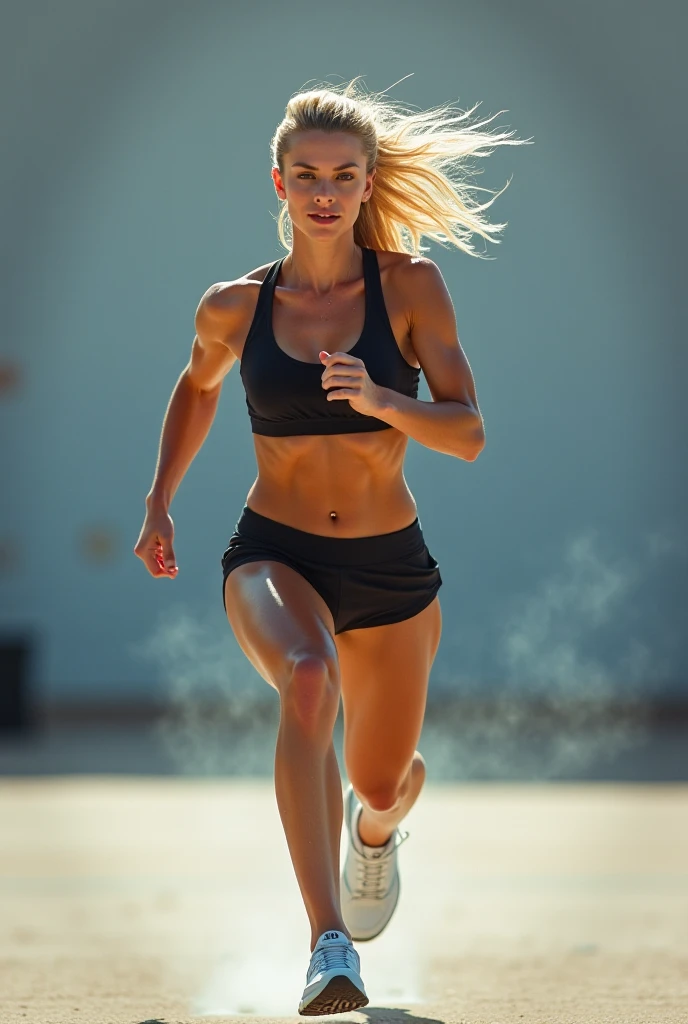 Une femme blonde, entrain de courir, de gros seins , vêtements moulant 