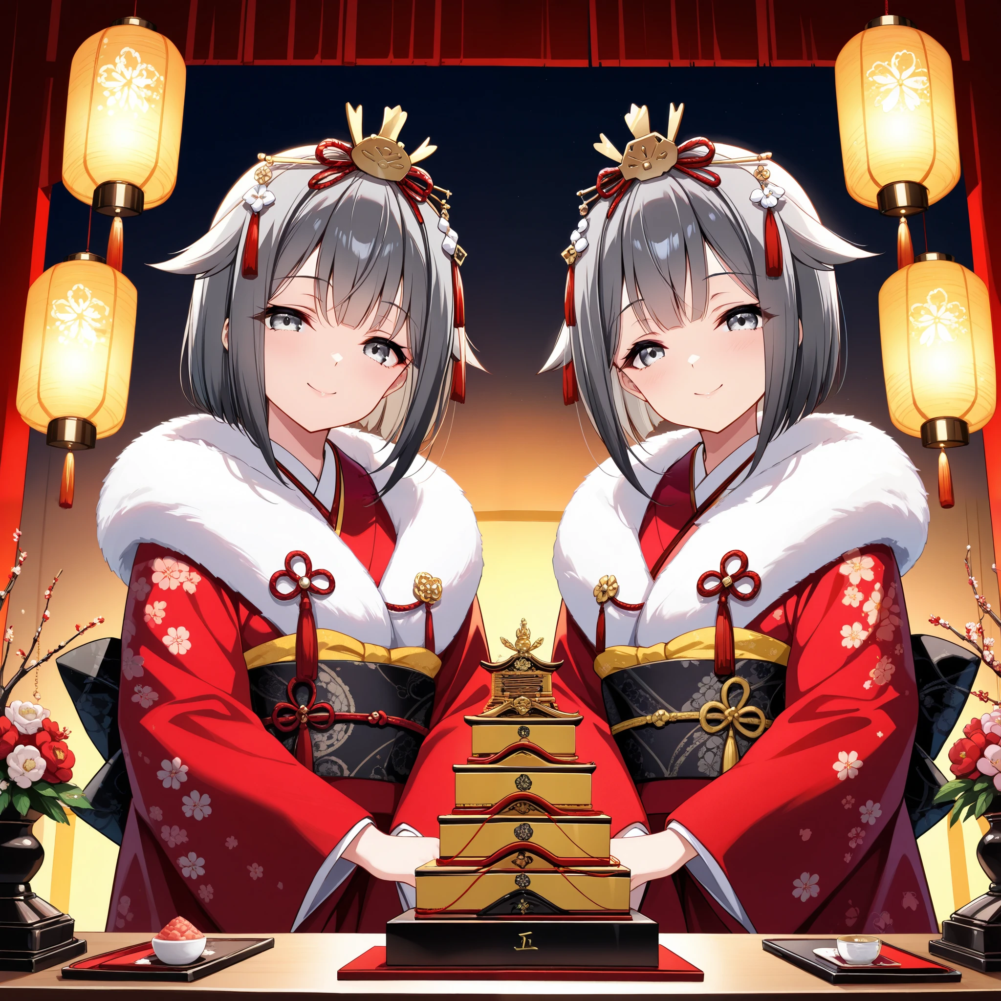 (masterpiece),(absurdres),(ultra detailed),(beautiful detailed),Hina Sama 、 kimono,Luxurious headdress:1.0,Floral decoration:0.9,(dark gray hair,adult Twins:1.1,side flaps:0.9,dark gray hair,gray eyes:1.4),bangs:1.1,(25-years-old),(()),half-closed eyes,smile,(asymmetrical short hair:1.2,asymmetrical short hair:1.1),(big breast:0.6),traditional Japanese Hinamatsuri (Girls' Day) celebration display, featuring a pair of finely detailed hina dolls representing an emperor and empress. dressed in elaborate Heian-period court attire with vibrant and intricate patterns. They are placed on a multi-tiered display adorned with miniature ornaments, lanterns, and flower arrangements. The background includes a soft gold screen and warm lighting, emphasizing the luxurious textures and traditional craftsmanship of the setup.