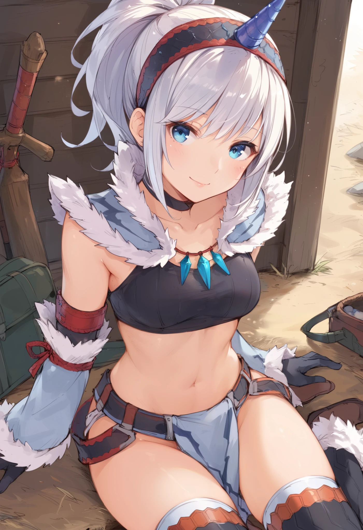 (score_9:0.9),score_8_up,score_7_up,rating_explicit,anime_style,(zPDXL),kirin beta armor,white single horn hairband,white detached sleeves,1young_girl,solo,blue eyes,looking at viewer,sitting,smile,plain_background,medium breasts,,closed mouth,collarbone,black bandeau,white loincloth,white_knee_boots, camp, campdire,black_knee_highs ,white_tubetop,open_legs,(abs:0.5),(white_spiky_hair:1.1),