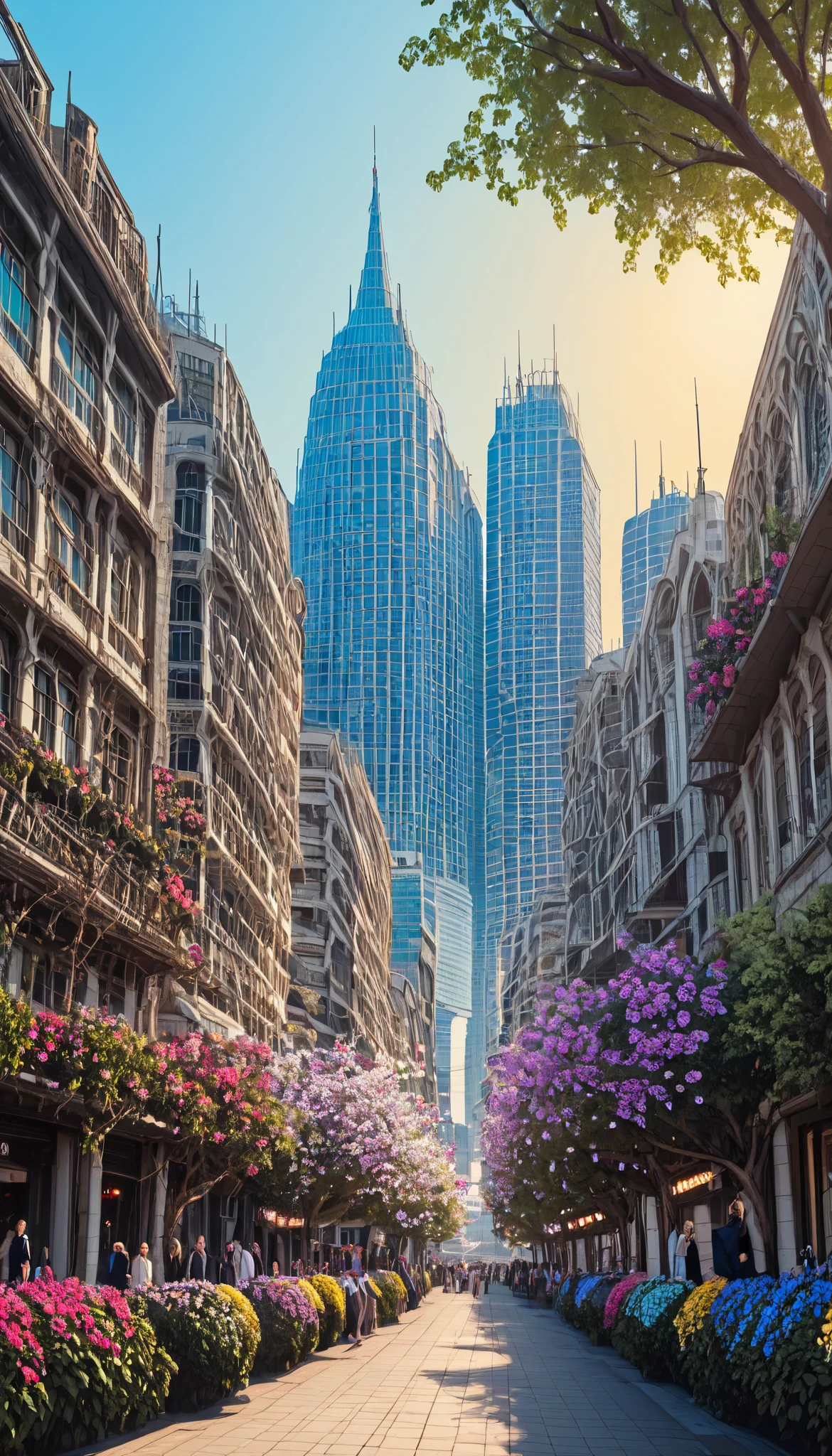 highdefinition images、Milan cityscape、People Looking Down々、 Flowers and trees々The beautiful city of、Mysterious Beings and Mysterious Colors Hidden in Tree Branches、 8k、 ( High Quality Seven Colored Flowers ) A City Full of Fantasy、 Soft Sunrise in Milan。