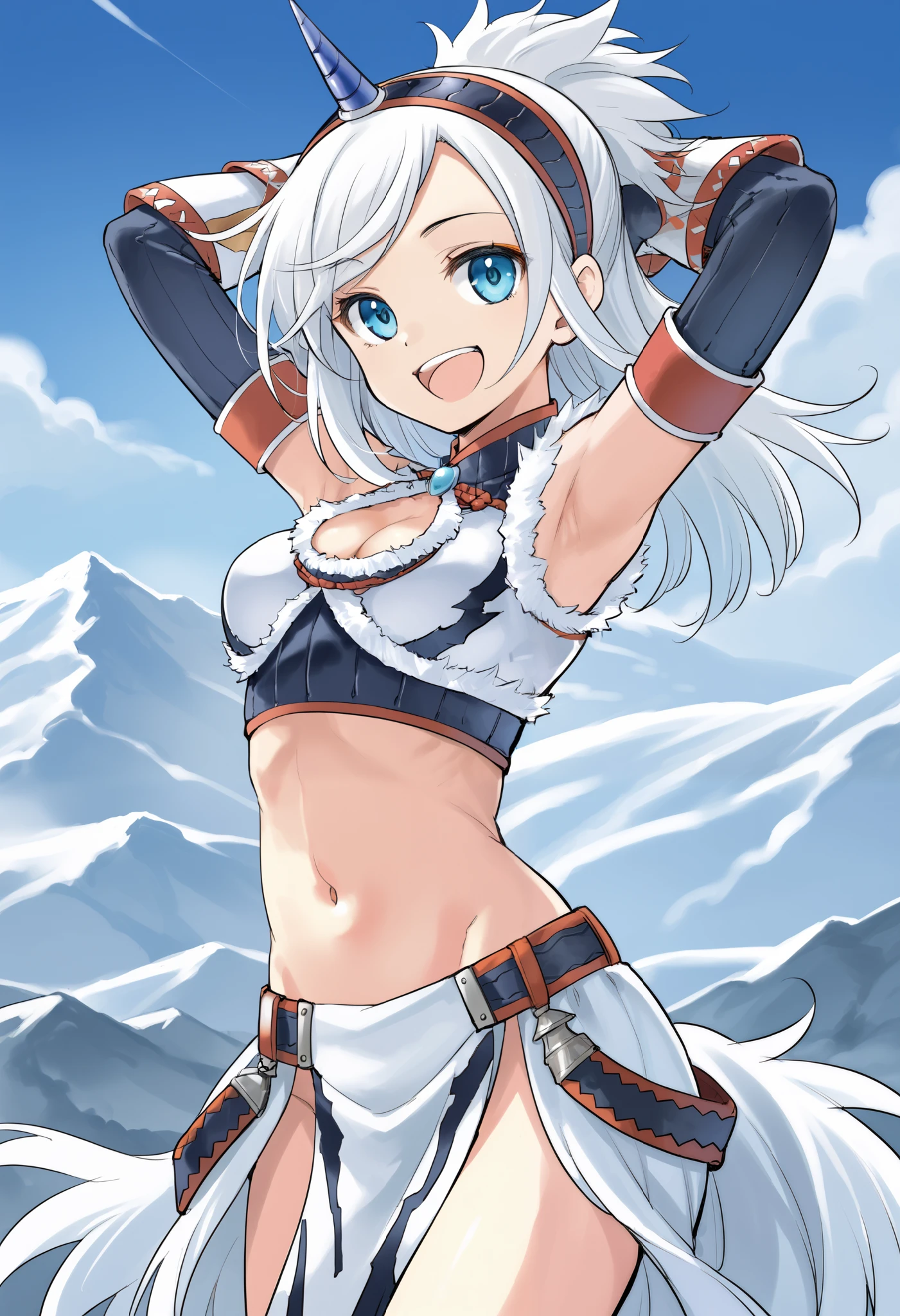 ( score_9:0.9), score_8_up, score_7_up,rating_safe, anime style,(zPDXL), Armor , ung_girl, Alone, purple_horn Hairband, Blue Eyes, , belly button, Chest,medium_breasts, white loincloth, white kimono sleeve , smile, mountain background, monochrome, white bandeau, armpit,raise_arm,(abs:0.4),smile,open_mouth,