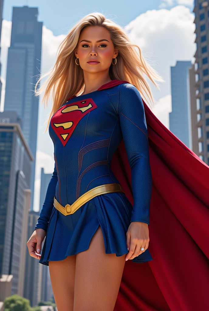 This character portrays a confident alluring and sexy, playboy style woman, 22 years old, athletic body, gray eyes, golden blonde hair, (realistic:1.3), hyper detailed, photorealistic, portrait, masterpiece, vibrant colors, natural lighting, cinematic composition, clad in Supergirl clothes, no underwear on, nude underneath skirt,