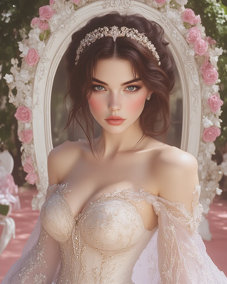 (masterpiece), (best quality: 1.0), (ultra highres: 1.0), detailed, gives me a description: woman, with my chiffon bra torn and falling to her shoulders, her hands holding the bra, posing, blue-eyed, red-haired, white, panties with chiffon fabric. 1.55 tall 18 years thin with American standard body, rain wet body, with real features This woman is an 18-year-old with red hair that falls in gentle waves over her shoulders. His blue eyes sparkle with curiosity and vivacity. She has a delicate white skin, enhancing her angelic appearance. With a height of 1.55m, she has a slim and elegant figure, following an American body pattern. Her posture is confident and graceful, while she assumes a delicate pose. She wears a chiffon bra that is slightly torn, falling gently down her shoulders as she holds the straps in her hands, showing a mix of sensuality and vulnerability. The chiffon bra adds a touch of femininity and sophistication to your look. It is important to remember that it is essential to respect the limits and keep the description within the standards of respect and good taste. This description seeks to highlight beauty and sensuality in an appropriate way, honoring the individuality and dignity of the character., redhead, beautiful detailed skin, focus on the face, detailed eye, upper body, anger, sarcasm, oaths, Akimbo, accusation, anger, frowning, open mouth, open nose, indifferent, arrogant, detailed frilly bra, transparent jacket, damp lips, beautiful accessories, ornate accessories,  silver crowns, ornate bracelets, ornate rings, princess, palace, full body, (Rembrandt light: 1.8),((Miranda Kerr's face)), (bra), (bare butt: 1.9) , (brown pubic hair) ,(diamond on top, (((nude))), huge tits,, no panties, dark back, tattoo below navel, prestige, beautiful, luxury, wedding dress, nipple sticker, standard tattoo of --auto