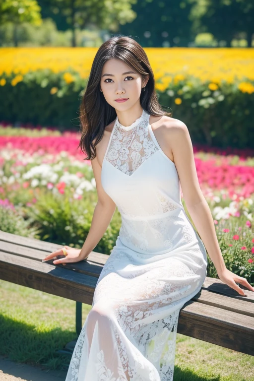 Flowers all over the wall, (best light: 1.2, cute Korean girl: 1.2, [white dress: 1.3], full body, beautiful dance moves, wearing pink long-haired mink bandeau dress, multicolored flower wall, poster level, flowers on the wall are not crowded, elegant and colorful: 1.1, bright and moving: 1.1, [ultra-detailed: 1.2 + dynamic pose + delicate: 1.2],), big breasts, pursed lips and smiles, The sides are five-colored flowers, the wall is pink hydrangeas, roses, colorful chrysanthemums, and the background wall is a wall of flowers dominated by pink