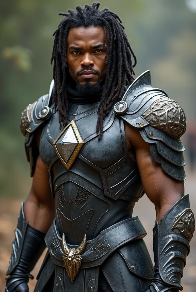 Half body of a man with long wavy white hair, with decorations, black skin color, raza afro, black armor. The armor is intricately designed with detailed patterns, covering the shoulders and chest. He has a calmness, confident expression on his face, with a soft gaze that looks slightly to one side. the background is blurred, suggesting an ancient or mystical setting, Possibly ruins or an ancient structure