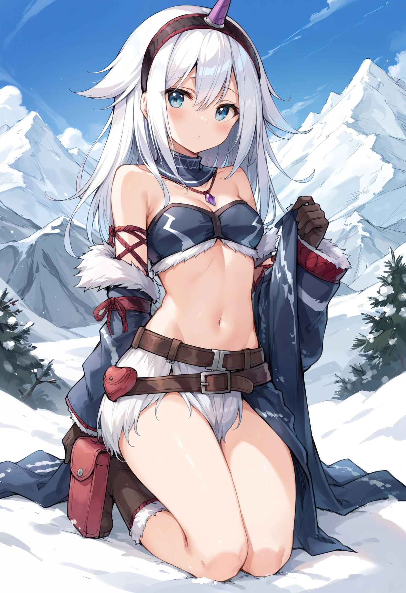 ( score_9:0.9), score_8_up, score_7_up,rating_explicit, anime style,(zPDXL), r armor, purple single horn headband, ung_girl, Alone, long_gloves, black_knee_high , white_long_hair, shaggy_bang,Blue Eyes, snow, under the arm, arms, medium_breasts , black_tubetop,mountain_background,wide_shawl, Detachable_long_Sleeves,(abs:0.5),white_fur_waste_armor,
