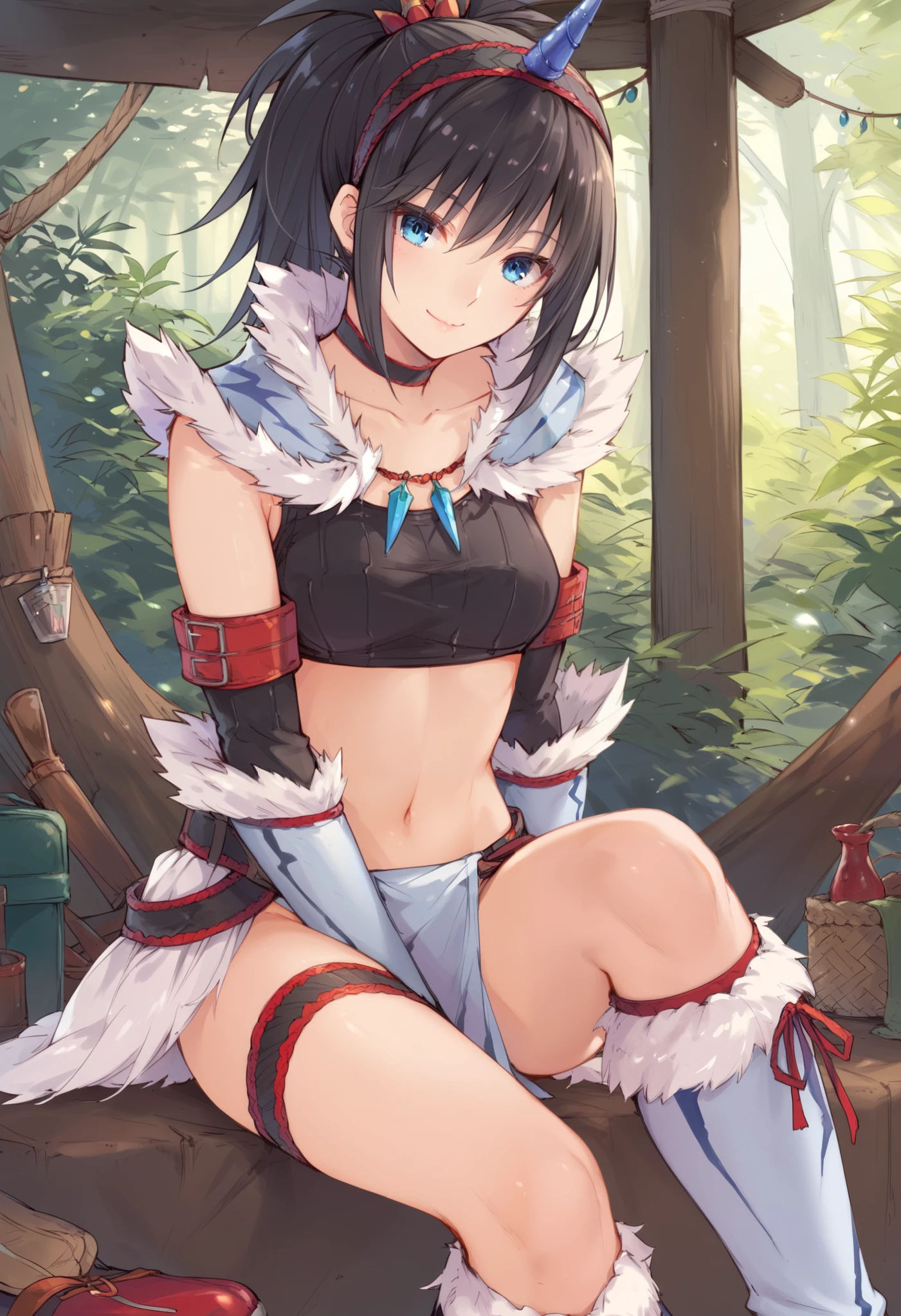 (score_9:0.9),score_8_up,score_7_up,rating_explicit,anime_style,(zPDXL),kirin beta armor,white single horn hairband,white detached sleeves,ung_girl,solo,blue eyes,looking at viewer,sitting,smile,plain_background,medium breasts,,closed mouth,collarbone,black bandeau,white loincloth,white_knee_boots, camp, campdire,black_knee_highs ,white_tubetop,open_legs,(abs:0.5),(white_spiky_hair:1.4),