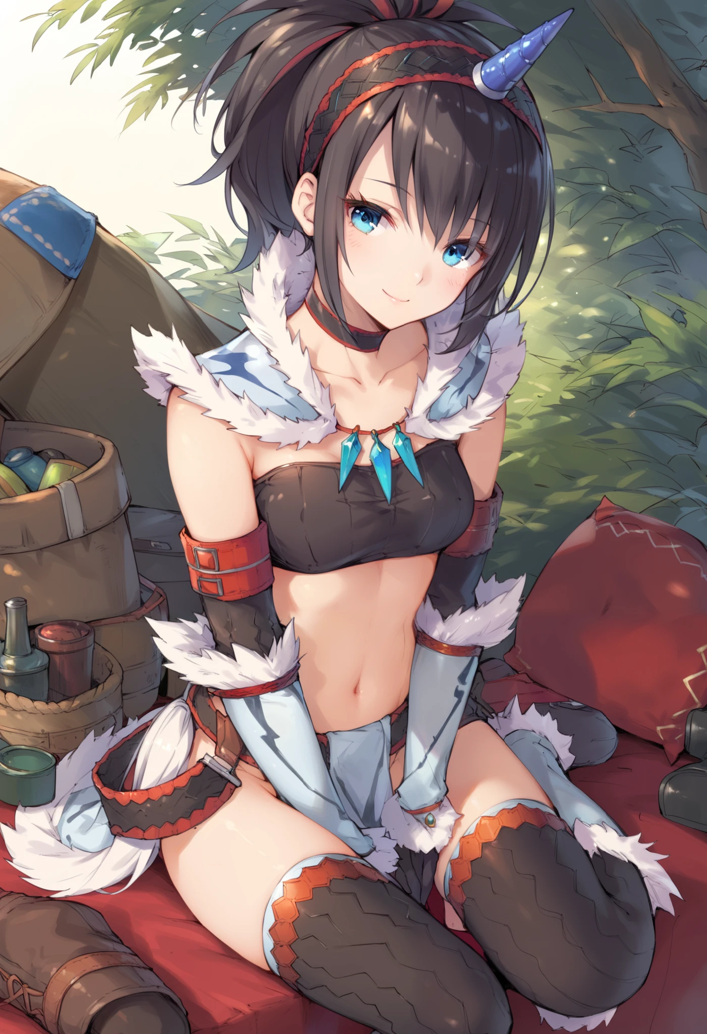 (score_9:0.9),score_8_up,score_7_up,rating_explicit,anime_style,(zPDXL),kirin beta armor,white single horn hairband,white detached sleeves,ung_girl,solo,blue eyes,looking at viewer,sitting,smile,plain_background,medium breasts,,closed mouth,collarbone,black bandeau,white loincloth,white_knee_boots, camp, campdire,black_knee_highs ,white_tubetop,open_legs,(abs:0.5),(white_spiky_hair:1.4),