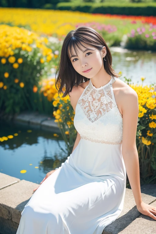 (masterpiece, best quality), outstanding details, ultra-high resolution,
anatomically correct, wide shot, atmospheric perspective,
A beautiful woman walking along a stream in the forest, A lovely Japanese woman, 30 years old,
cowboy shot, (holding a sunflower, reaching out),
(chubby),
Happy smile, Mouth slightly open, looking at viewer,
round face, tareme, Downturned Eyes, pupils sparkling, small cute nose, thin lips, thin eyebrows,
brown hair, low ponytail, short hair, swept bangs,
(wearing A white elegant slip dress made of a transparent smooth material),
(background: Serene riverside with blossoming wildflowers at the forest)
depth of field, backlighting, morning sunlight, cinematic lighting, Reflected light from below, reflection light, dreamy atmosphere, animated expression,