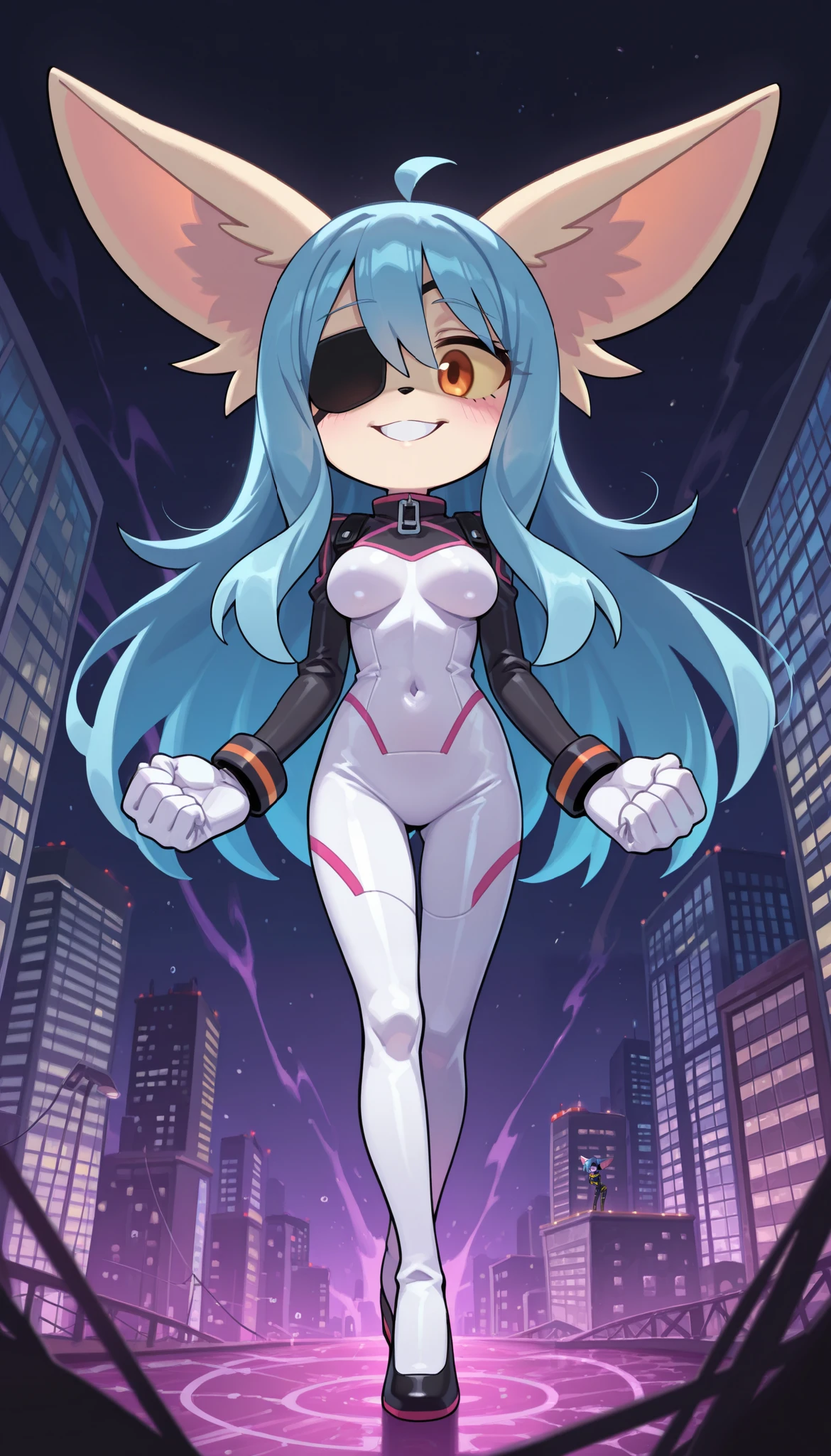 score_9, score_8_up, score_7_up, 1girl, solo, masterpiece, best quality, amazing quality, very aesthetic, absurdres, source furry, furry girl, mobian fennec, fennec ears, yellow sclera, orange eyes, blue hair, spiky bangs, straight long hair, white body fur, full body, city on background, glistering body, shiny body, skinny, high quality, masterpiece, ((eye patch, lilac cybernetic body suit, Spy clothes)), (short body, tiny body, big head), detailed body fur, detailed body, detailed face, detailed eyes, evil grin, looking at you, epic portrait, standing, medium breasts,