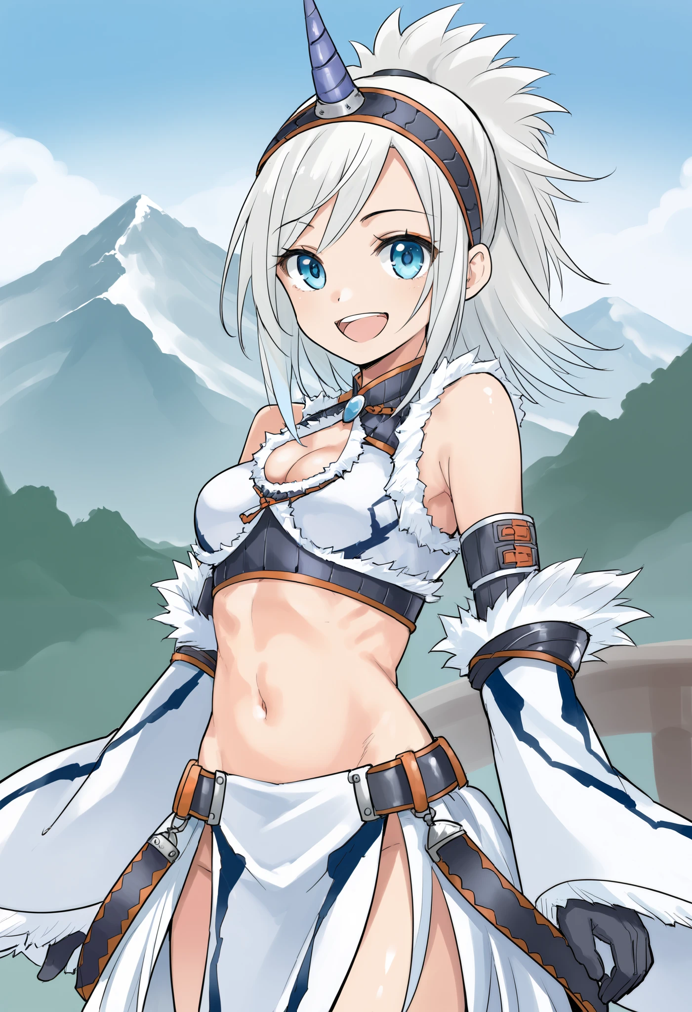 ( score_9:0.9), score_8_up, score_7_up,rating_safe, anime style,(zPDXL), Armor , ung_girl, Alone, purple_horn Hairband, Blue Eyes, , belly button, Chest,medium_breasts, white loincloth, white kimono sleeve , smile, mountain background, monochrome, white bandeau, armpit,raise_arm,(abs:0.6),smile,open_mouth,