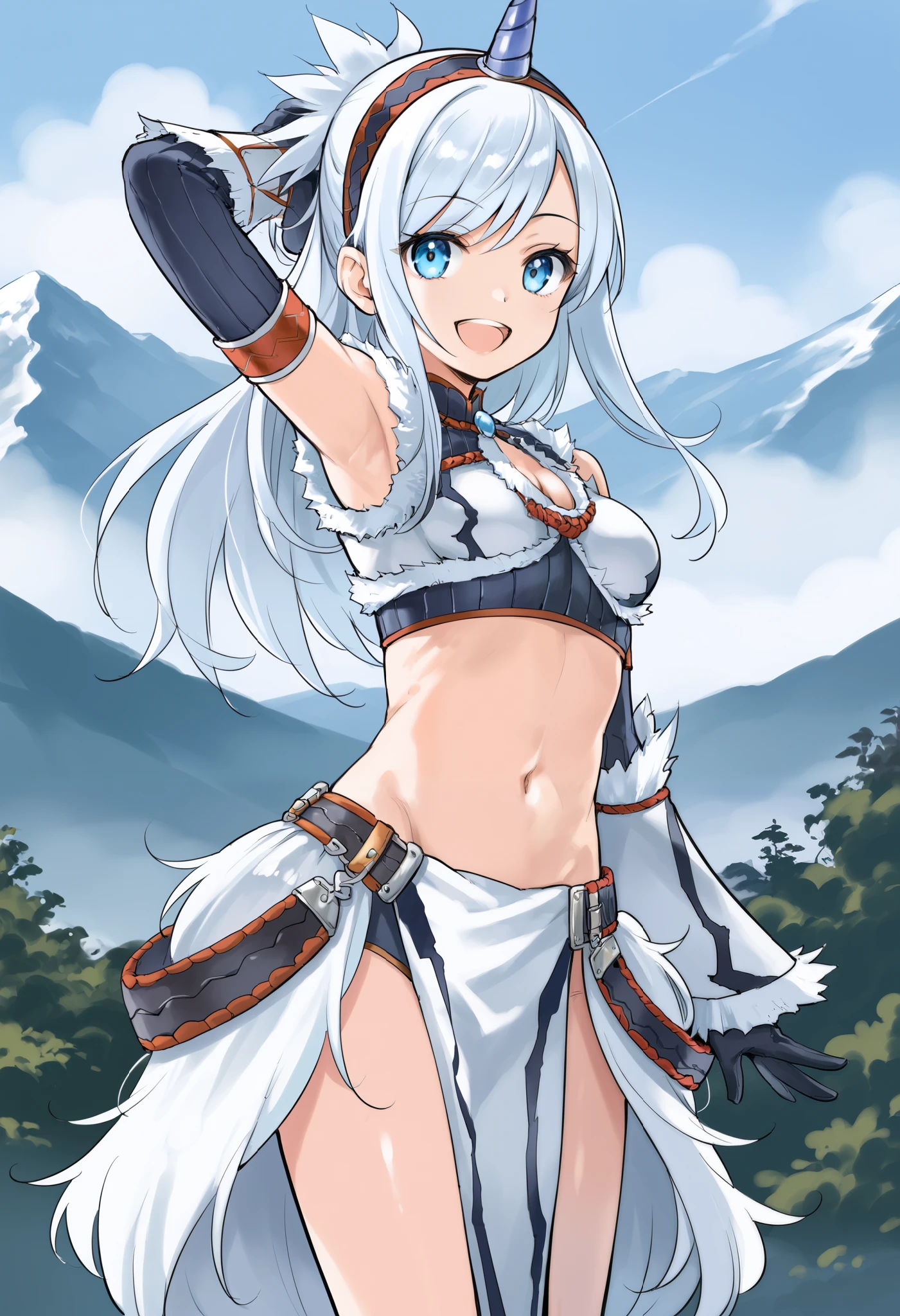 ( score_9:0.9), score_8_up, score_7_up,rating_safe, anime style,(zPDXL), Armor , ung_girl, Alone, purple_horn Hairband, Blue Eyes, , belly button, Chest,medium_breasts, white loincloth, white kimono sleeve , smile, mountain background, monochrome,  white bandeau, armpit,raise_arm,(abs:0.6),smile,open_mouth,