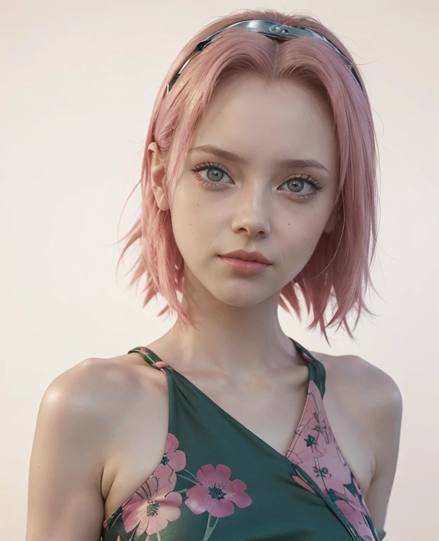 young woman, short shoulder-length pink hair, wide forehead, porcelain skin, pink eyebrows, big emerald green eyes, buttoned nose, full lips, heart-shaped face, slender body, small breasts, red tank top, Sakura Haruno , realistic, realism, details, 3d, well detailed