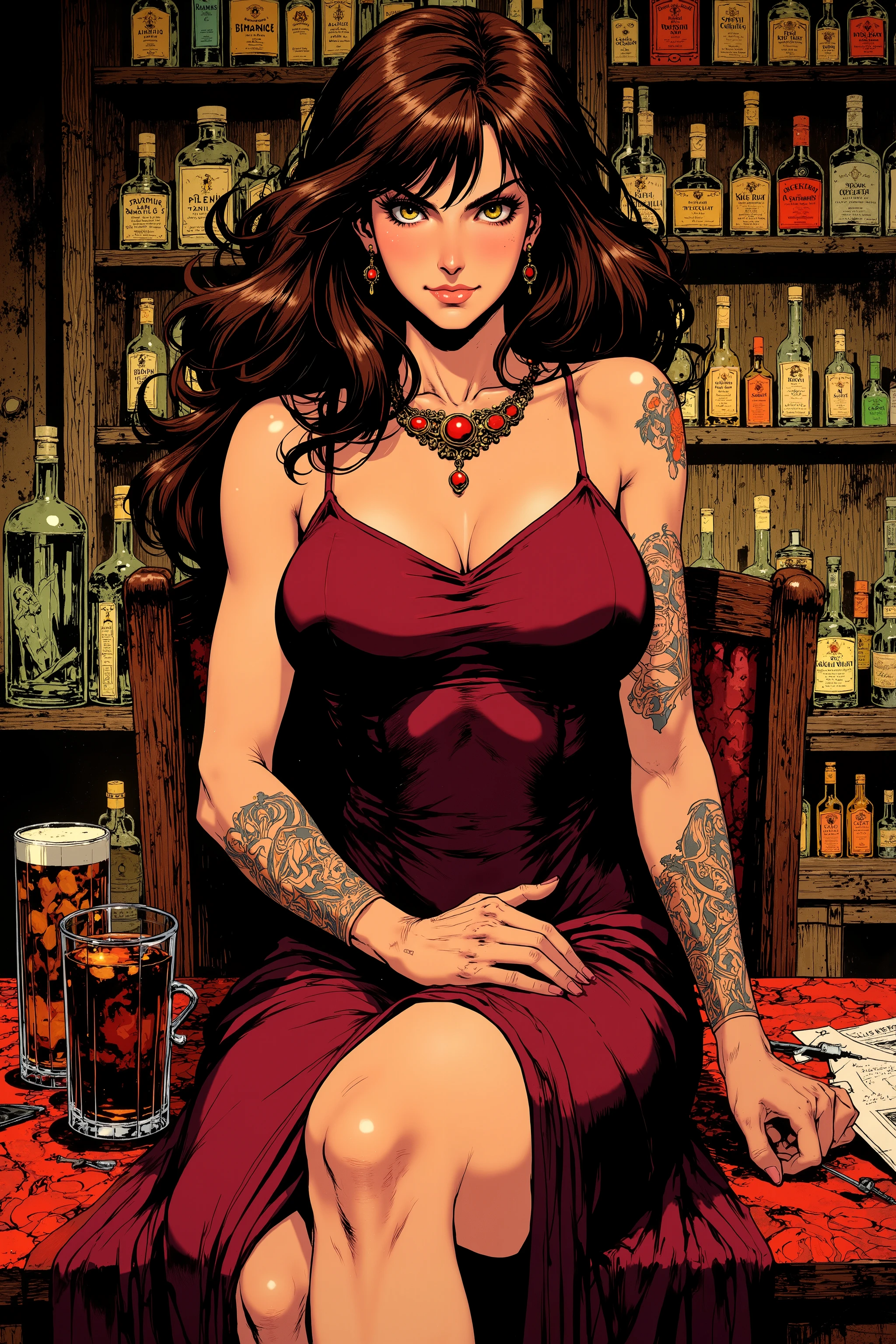 art by Mike Mignola, Zinria is the very incarnation of desire and danger. Her brown hair falls in loose waves, always smelling of vanilla and aged rum. Her golden eyes shine like liquid fire, capable of promising pleasure and destruction at the same intensity.
Her curvaceous body is covered by a burgundy velvet dress, right on the bust and loose on the legs, leaving glimpses calculated from her warm and soft skin. A ruby necklace rests on her lap, , further highlighting her golden skin marked by tribal tattoos that tell stories of her youth as a smuggler.
She rules The Mother with a look and a snap of fingers. No client dares to disrespect her, because it is known that those who betrayed her have never been seen again. With a cup of mead in hand and a singing smile, She observes the games of seduction and betrayal taking place around her, waiting for the right moment to act.