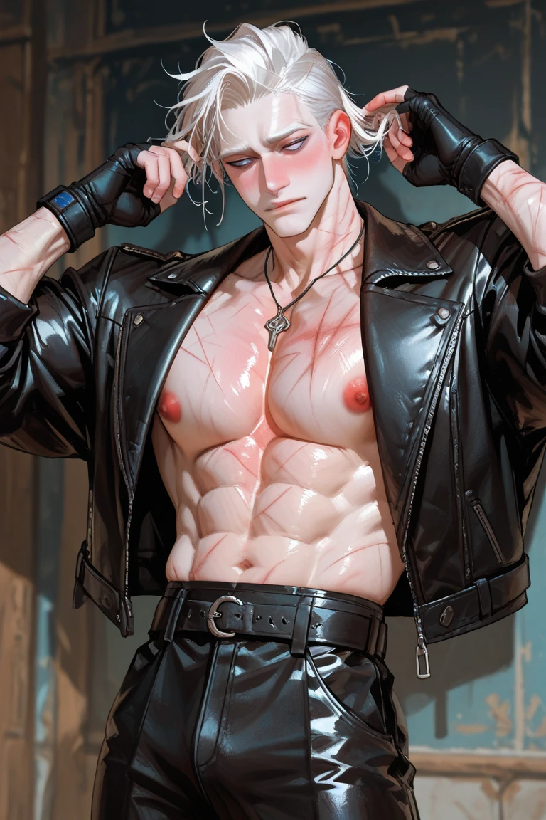 1 boy, Mature men, Thick neck,Red jacket, nakeness,musculature,chest muscle,trousers,obi strip,Short hair blonde,punks,Kneel in the ring,auction,tmasterpiece, Best quality,