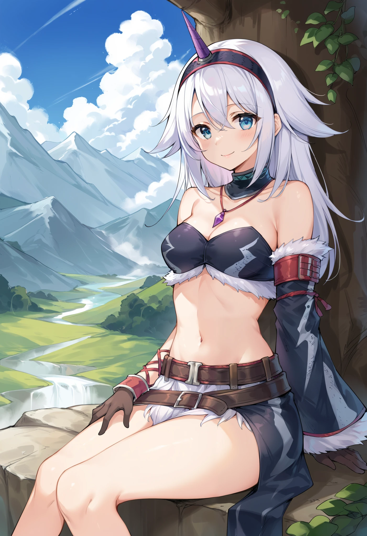 ( score_9:0.9), score_8_up, score_7_up,rating_explicit, anime style,(zPDXL), r armor, purple single horn headband, ung_girl, Alone, long_gloves, black_knee_high , white_long_hair, shaggy_bang,Blue Eyes, under the arm, arms, medium_breasts , black_tubetop,mountain_background,wide_shawl, Detachable_long_Sleeves,(abs:0.5),white_fur_waste_armor,smile,