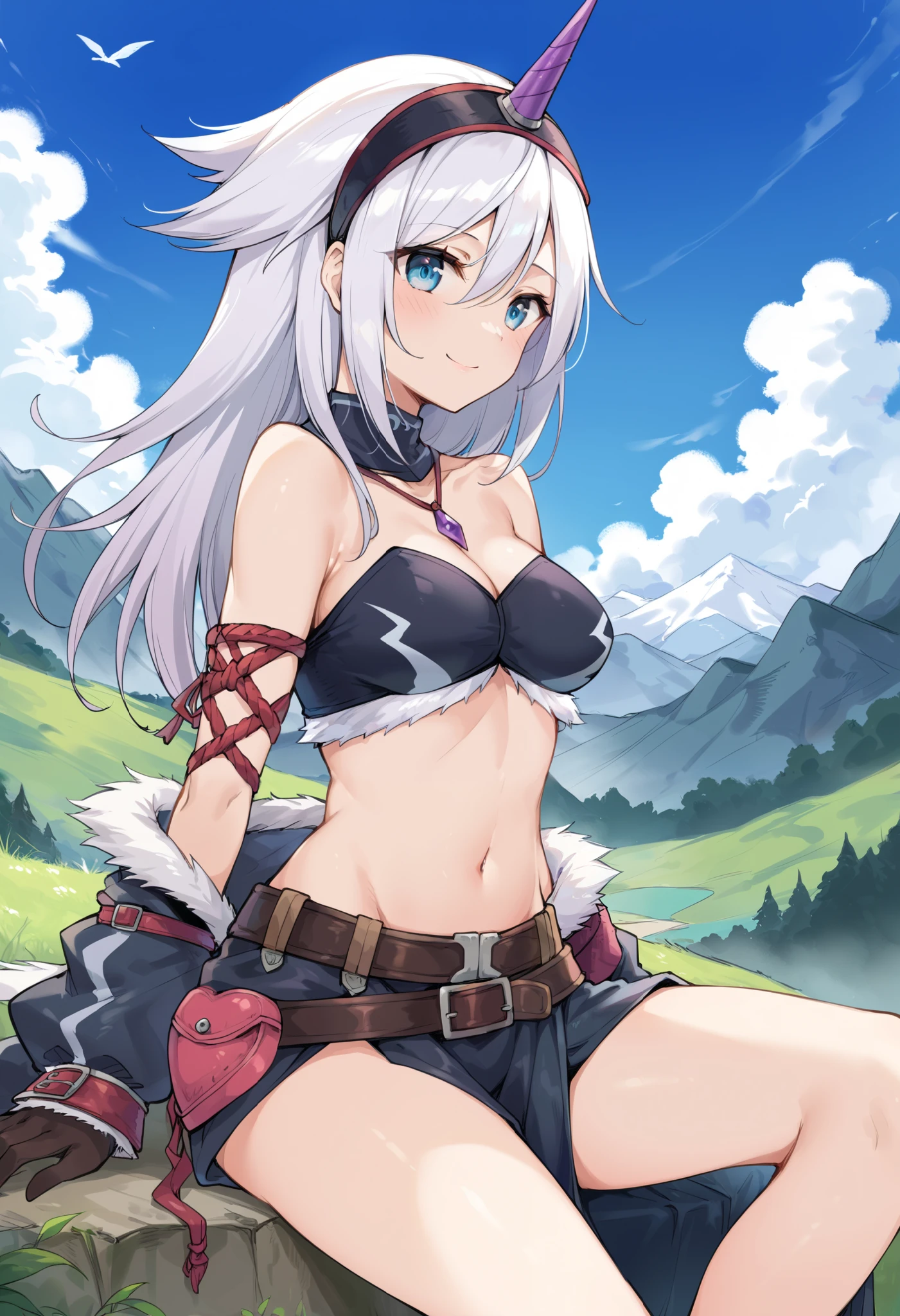 ( score_9:0.9), score_8_up, score_7_up,rating_explicit, anime style,(zPDXL), r armor, purple single horn headband, ung_girl, Alone, long_gloves, black_knee_high , white_long_hair, shaggy_bang,Blue Eyes, under the arm, arms, medium_breasts , black_tubetop,mountain_background,wide_shawl, Detachable_long_Sleeves,(abs:0.5),white_fur_waste_armor,smile,