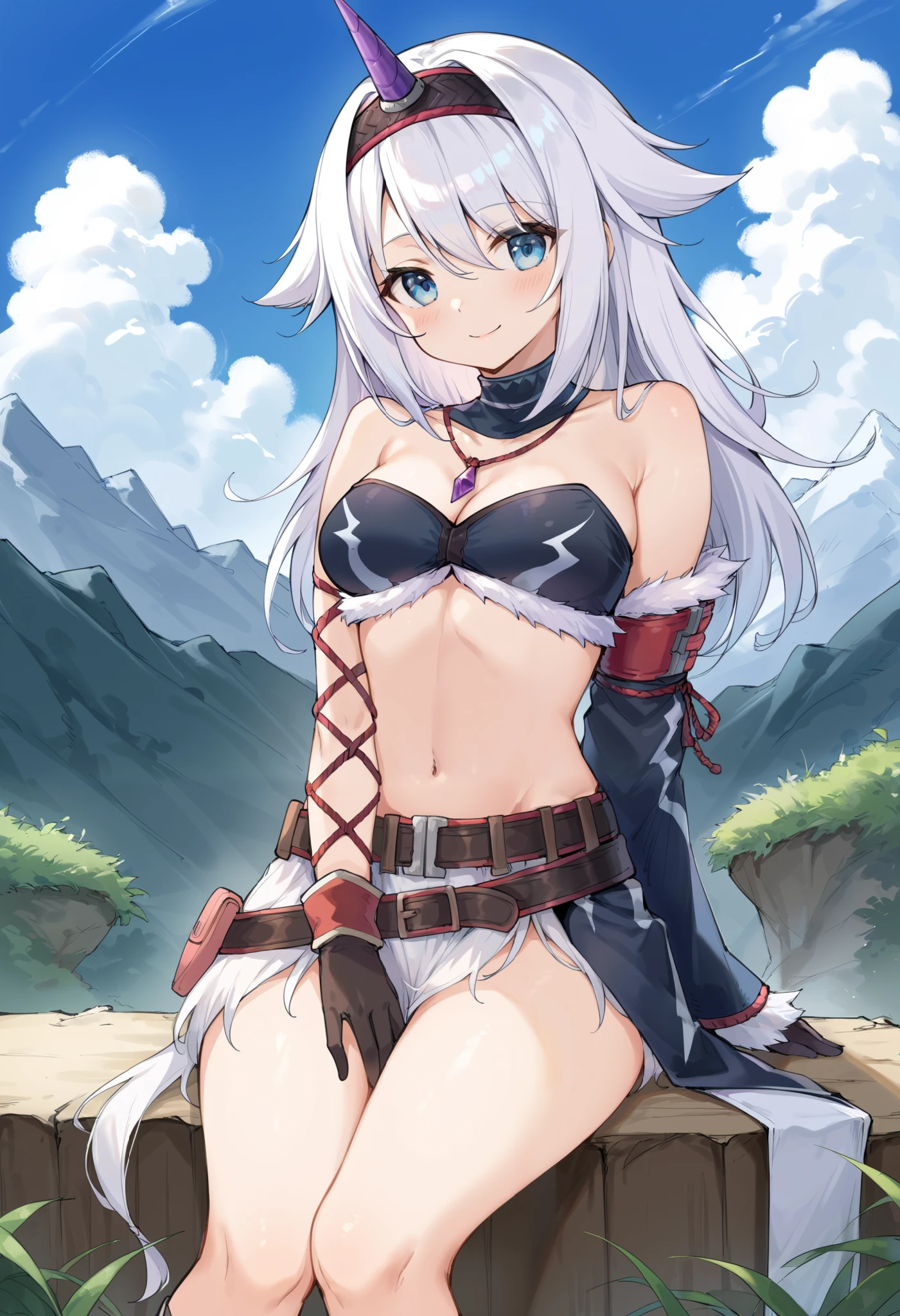 ( score_9:0.9), score_8_up, score_7_up,rating_explicit, anime style,(zPDXL), r armor, purple single horn headband, 1 young_girl, Alone, long_gloves, black_knee_high , white_long_hair, shaggy_bang,Blue Eyes, under the arm, arms, medium_breasts , black_tubetop,mountain_background,wide_shawl, Detachable_long_Sleeves,(abs:0.5),white_fur_waste_armor,smile,