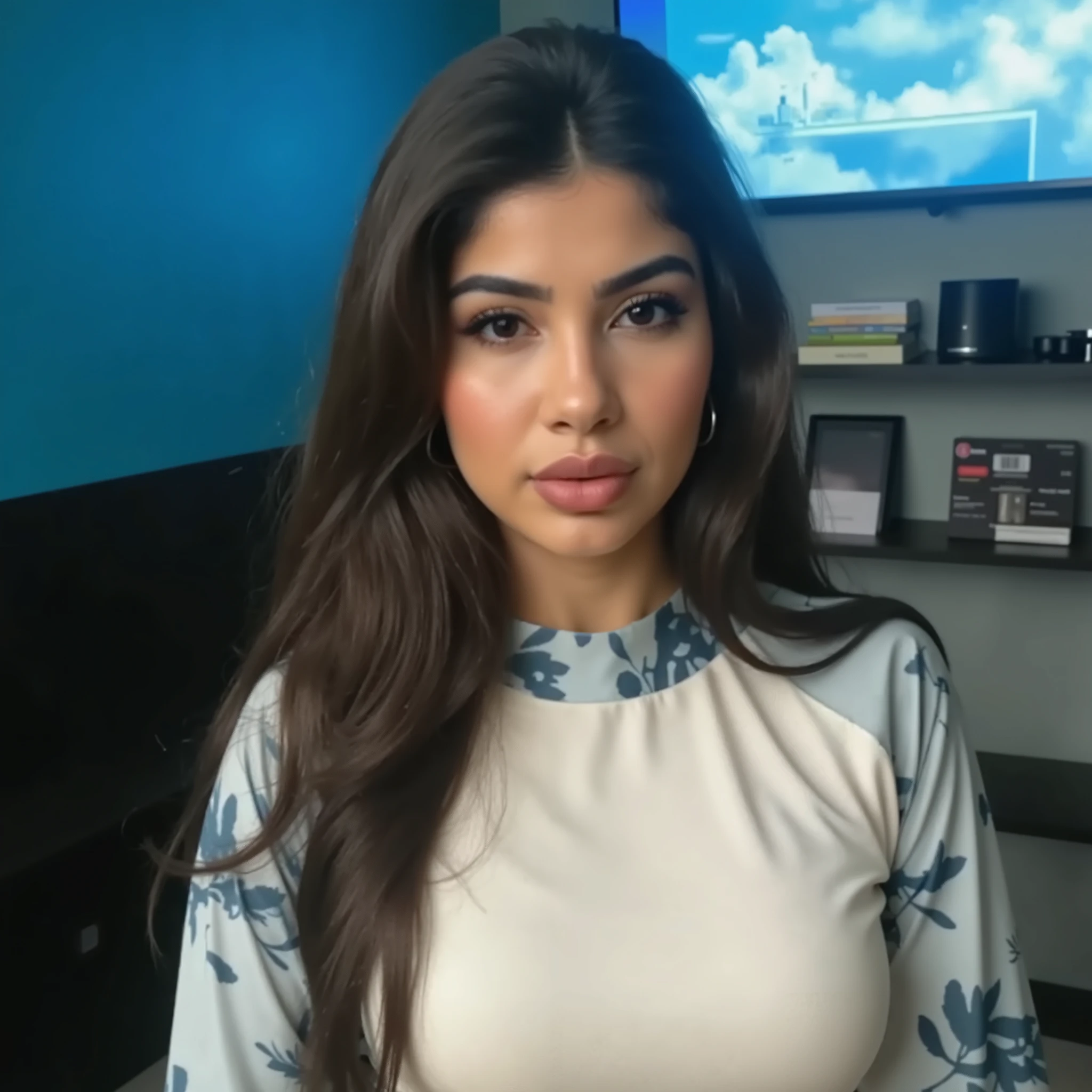 a close up of a woman with long hair wearing a floral dress, beautiful noise pin, pokimane, violet myers, valentina remenar, isabela moner, beautiful mexican woman, inspired by Glòria Muñoz, lorena avarez, julia sarda, florence pugh, youtube video screenshot, julia fuentes, portrait sophie mudd, flawless olive skin, blanca alvarez,