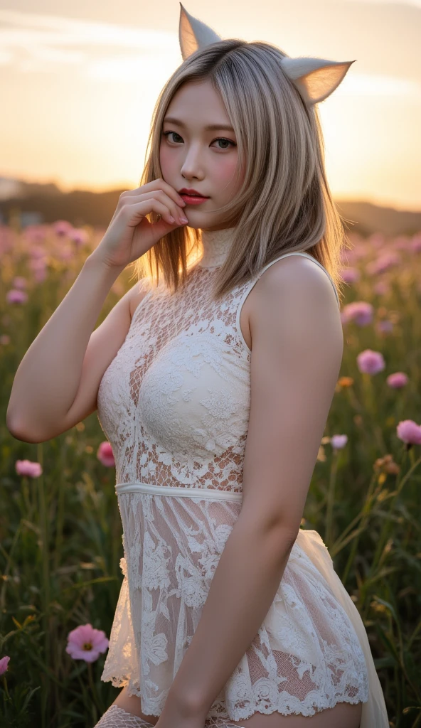 Beautiful model with short pink hair, striking blue eyes, and an hourglass body, mingling at a garden party with string lights and floral decorations. She is wearing an elegant low cut summer dress, cleavage. Shot with a Canon EOS R6, using natural light and a softbox for a warm and inviting atmosphere. The image is photorealistic with intricate details and sharp focus, capturing the elegance of a summer soirée.