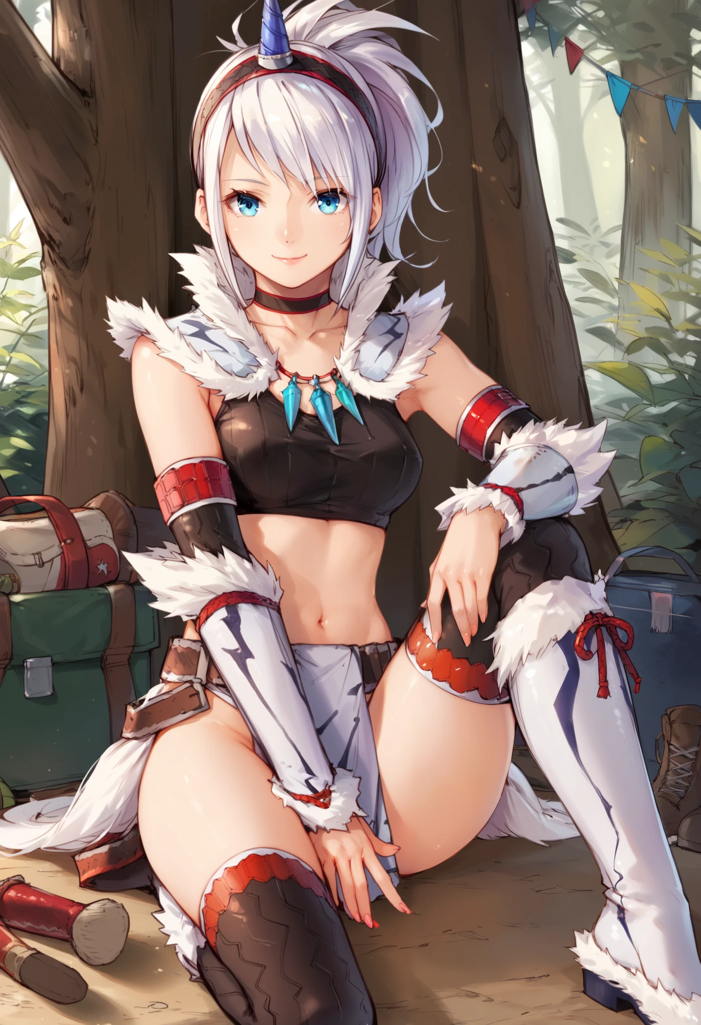 (score_9:0.9),score_8_up,score_7_up,rating_explicit,anime_style,(zPDXL),kirin beta armor,white single horn hairband,white detached sleeves,ung_girl,solo,blue eyes,looking at viewer,sitting,smile,plain_background,medium breasts,,closed mouth,collarbone,black bandeau,white loincloth,white_knee_boots, camp, campdire,black_knee_highs ,white_tubetop,open_legs,(abs:0.5),(white_spiky_hair:1.5),
