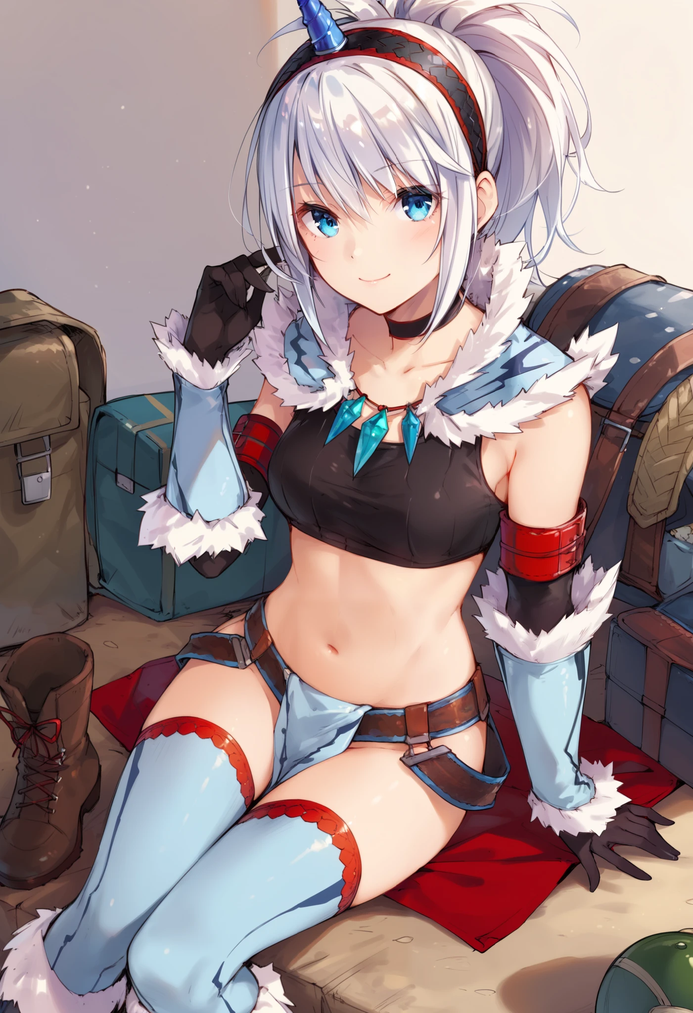 (score_9:0.9),score_8_up,score_7_up,rating_explicit,anime_style,(zPDXL),kirin beta armor,white single horn hairband,white detached sleeves,ung_girl,solo,blue eyes,looking at viewer,sitting,smile,plain_background,medium breasts,,closed mouth,collarbone,black bandeau,white loincloth,white_knee_boots, camp, campdire,black_knee_highs ,white_tubetop,open_legs,(abs:0.5),(white_spiky_hair:1.5),