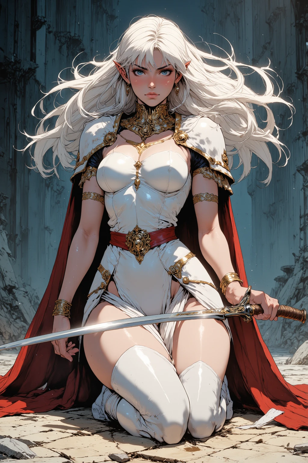 elf warrior, sexy white robe, blade dancer, sword, lace up sandals, panties, swirling robe