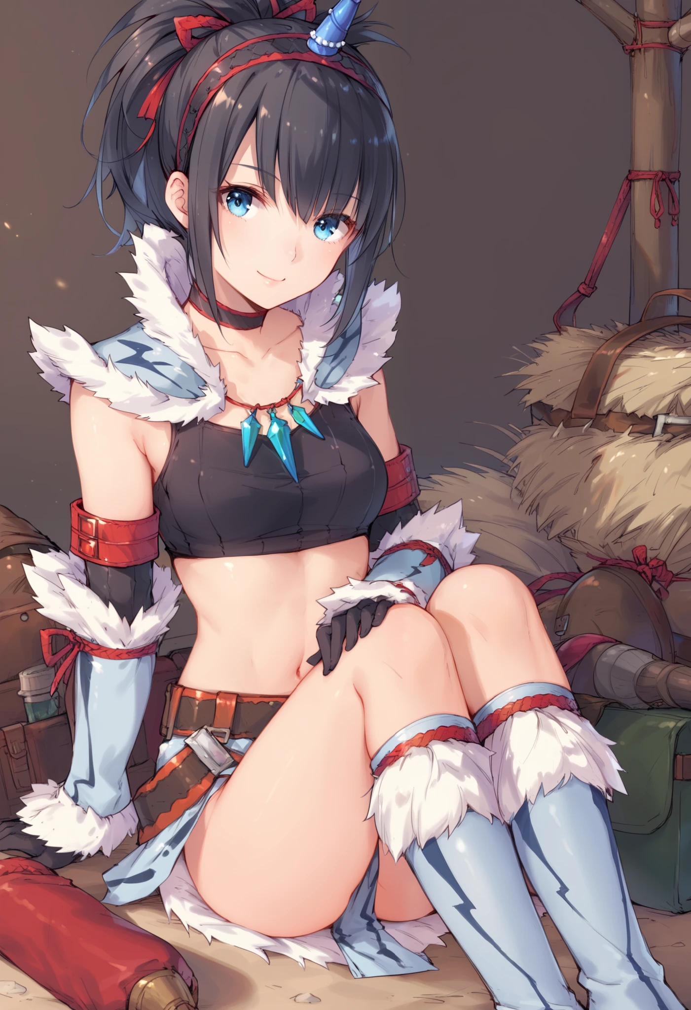 (score_9:0.9),score_8_up,score_7_up,rating_explicit,anime_style,(zPDXL),kirin beta armor,white single horn hairband,white detached sleeves,ung_girl,solo,blue eyes,looking at viewer,sitting,smile,plain_background,medium breasts,,closed mouth,collarbone,black bandeau,white loincloth,white_knee_boots, camp, campdire,black_knee_highs ,white_tubetop,open_legs,(abs:0.5),(white_spiky_hair:1.4),white_chest_armor