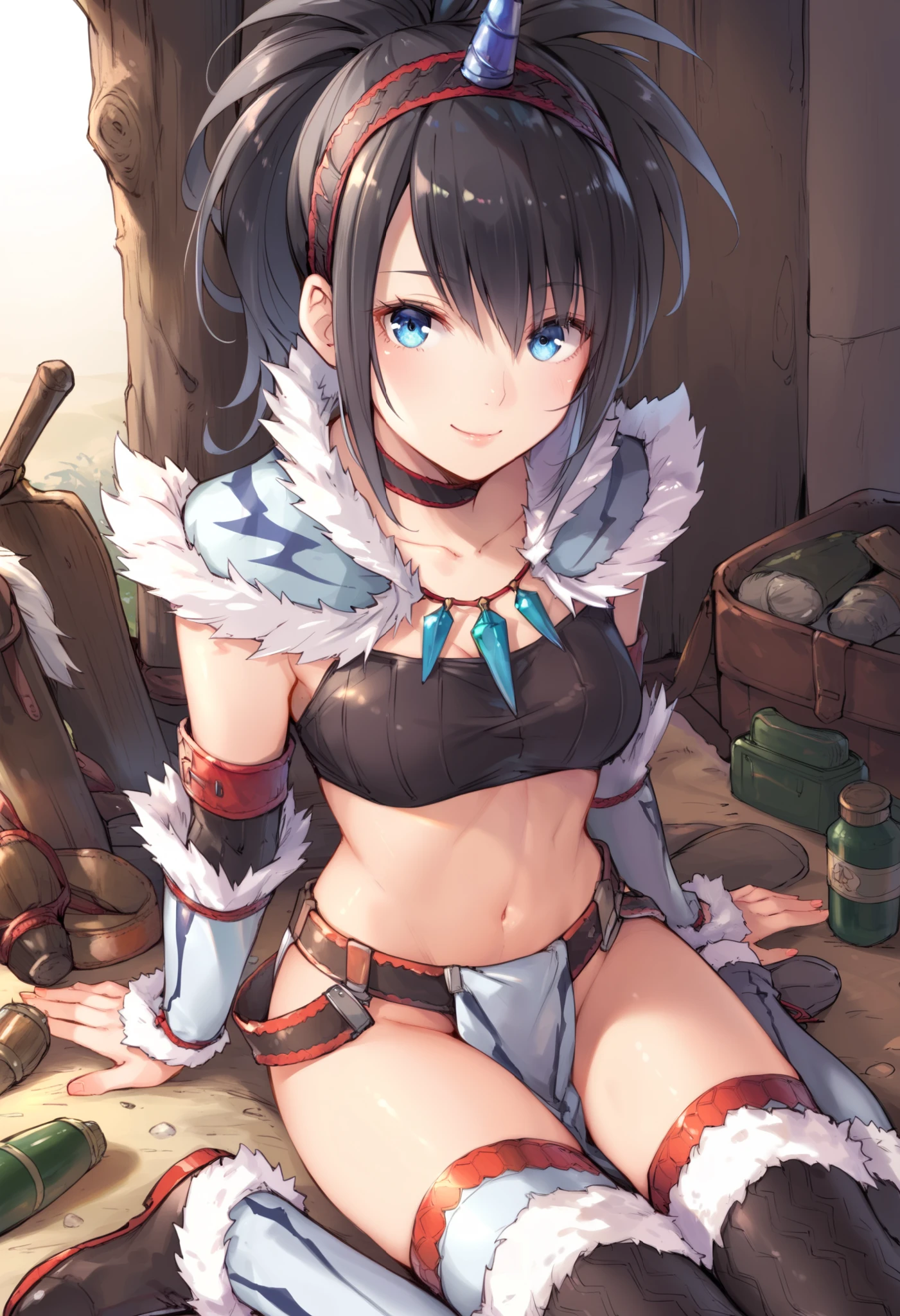 (score_9:0.9),score_8_up,score_7_up,rating_explicit,anime_style,(zPDXL),kirin beta armor,white single horn hairband,white detached sleeves,ung_girl,solo,blue eyes,looking at viewer,sitting,smile,plain_background,medium breasts,,closed mouth,collarbone,black bandeau,white loincloth,white_knee_boots, camp, campdire,black_knee_highs ,white_tubetop,open_legs,(abs:0.5),(white_spiky_hair:1.4),white_chest_armor