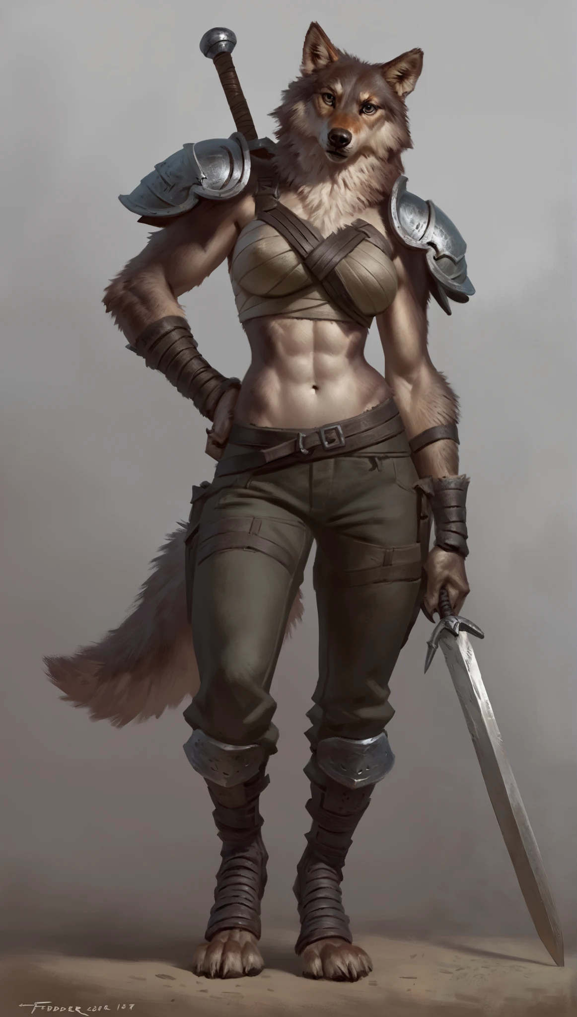 Anthro female wolf resting large two handed sword over his shoulder, posing, solo, cocky expression, masterpiece, best art, full body, by taran fiddler, detailed eyes, detailed body, claws, tall, abs, chest wraps, pauldrons, armored pants, bandolier,
