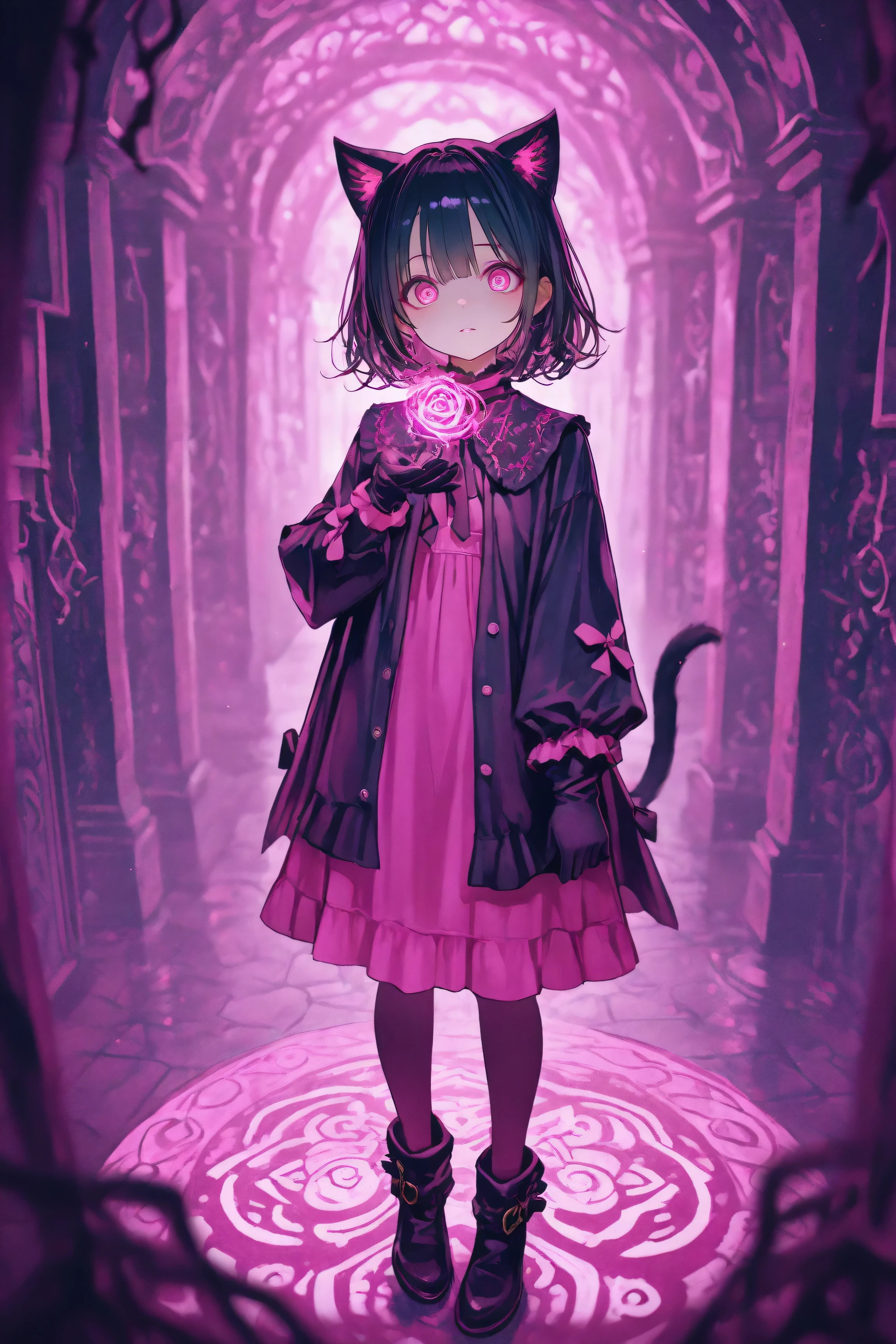 1girl, cat eye , cat gloves , black pink dress , black hair , purples eyes
