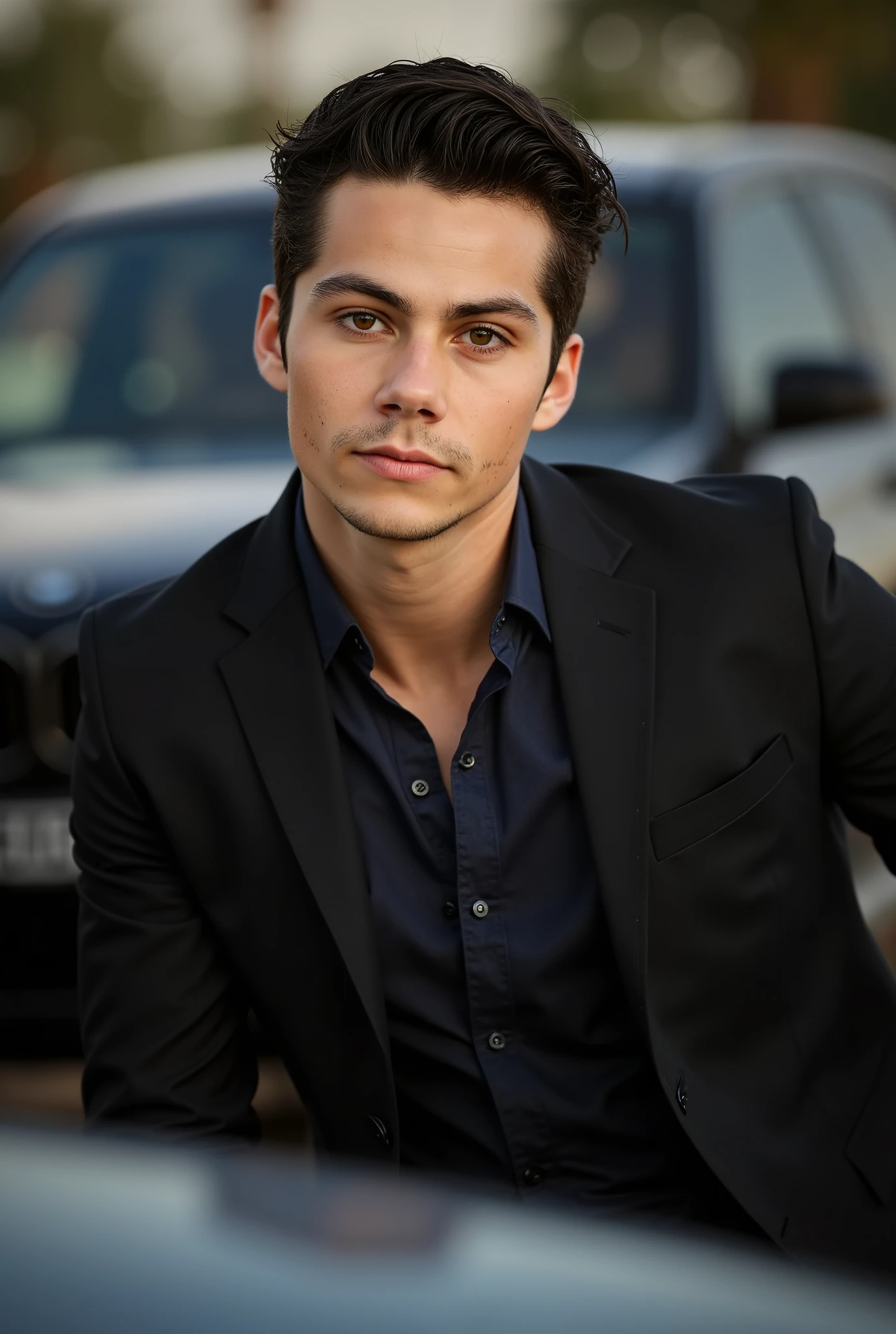 Handsome boy with French cut, brown eyes, black blazer, Driving a BMW