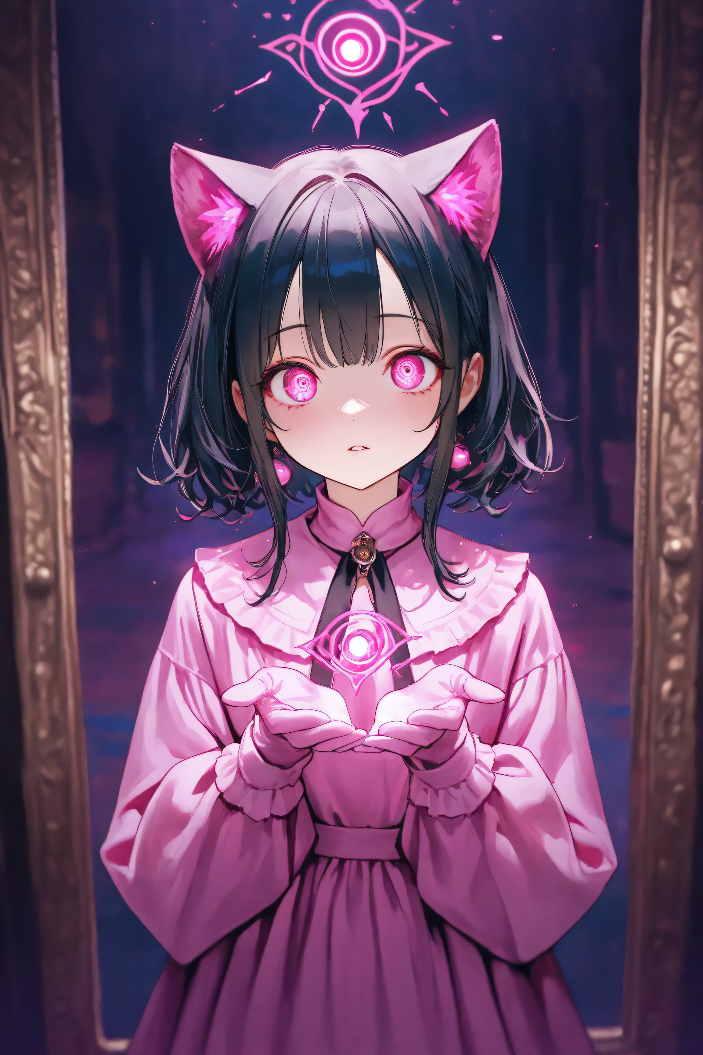 1girl, cat eye , cat gloves , black pink dress , black hair , purples eyes