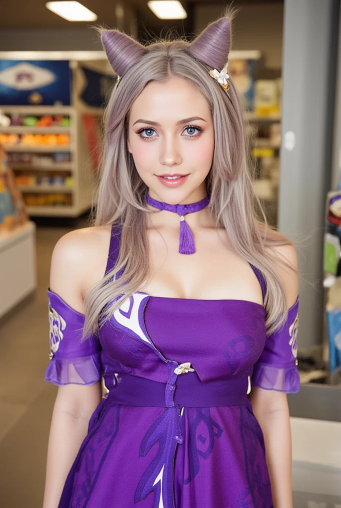 a blonde woman, long purple hair, hugging a a little boy at comercial center, with an evil smile on her face 