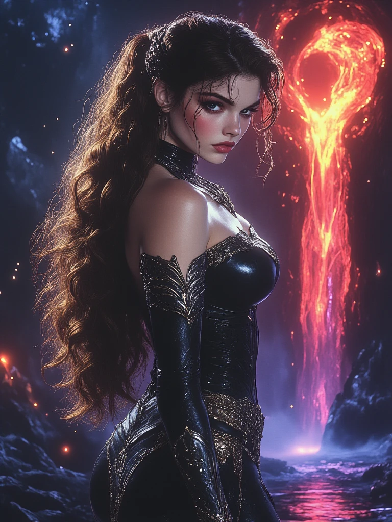 (8k resolution), wallpaper, (masterpiece), photo realistic, realism, (jungle:1.5), (red roses:1.3), (galaxy), (nova), (Big red Moon:1.3), (supernova:1.3), (turquoise waterfalls:1.3), (waves), (purple lightning:1.3), (thunderstorm), (dark night:1.8), (darkness:1.5).
(Standing in the waterfalls)
(Portrait girl), 1 pretty Russian, (long blond hair:1.3), looking at camera, (big blue eyes:1.3), full lips, (seductive smile:1.3), eyeliner wings, lip stick, eyeshadow, golden earring hoops, golden choker, perfect skin, (perfect tits:1.3), flat stomach, (black dress:1.3), (tight dress, silk dress:1.3), loving embrace, passion, desire, (looks at the camera)